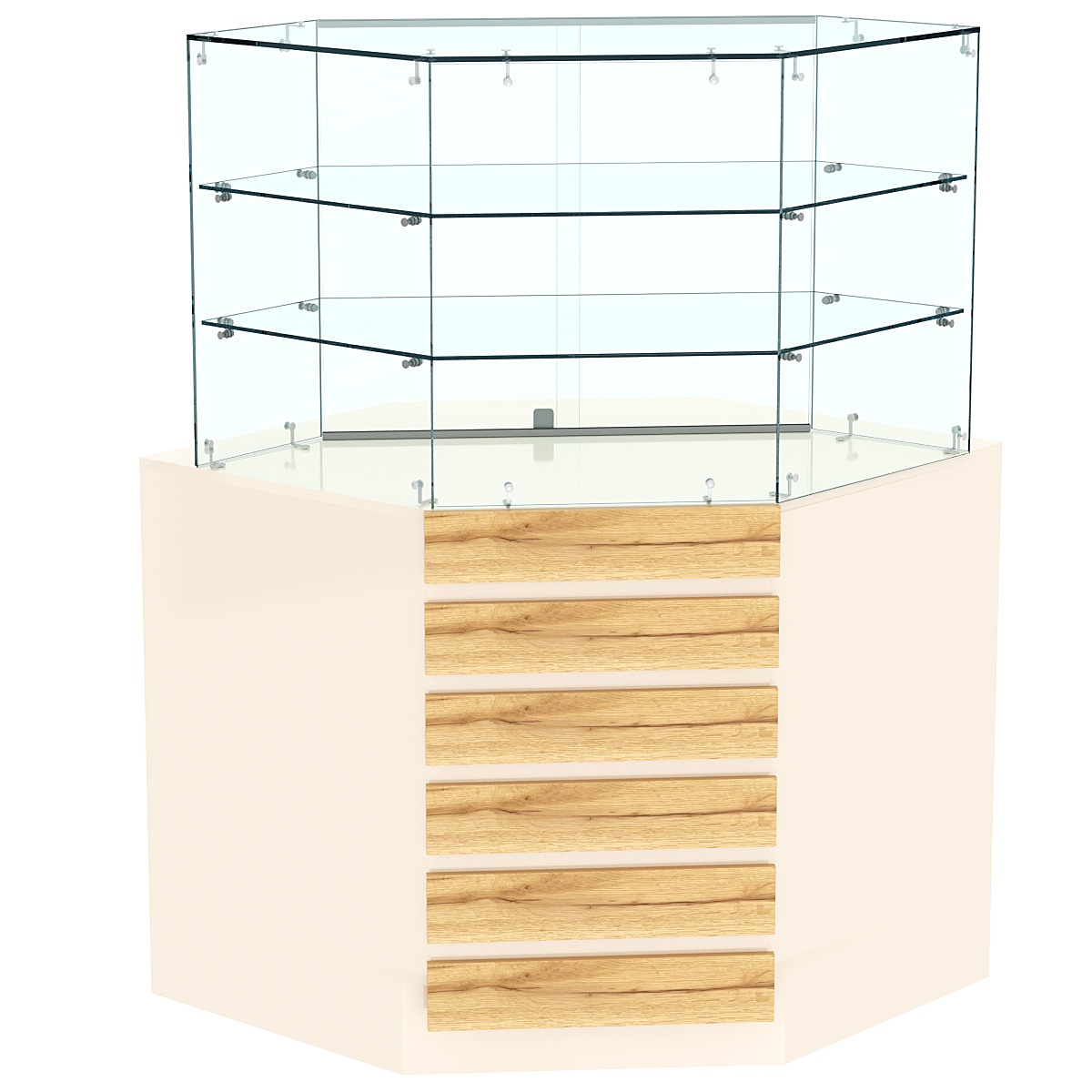 Торговый прилавок угловой со стеклянными шторками и фасадными панелями №15Э-02 Крем Вайс и Дуб Золотистый