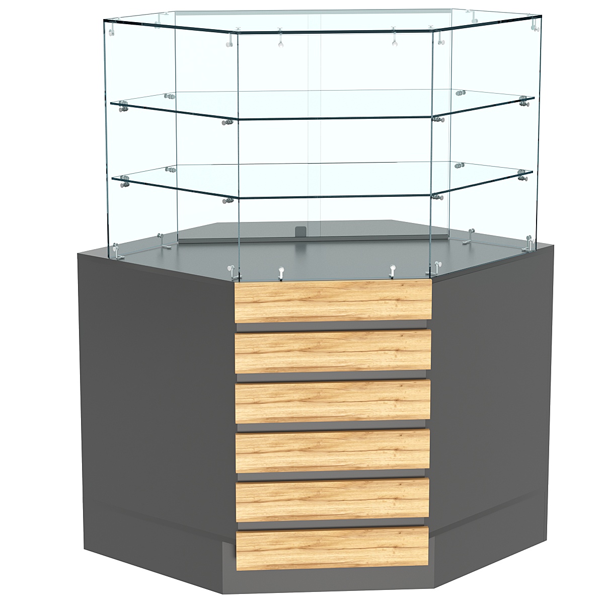 Торговый прилавок угловой со стеклянными шторками и фасадными панелями №15Э-02 Темно-серый и Дуб Золотистый