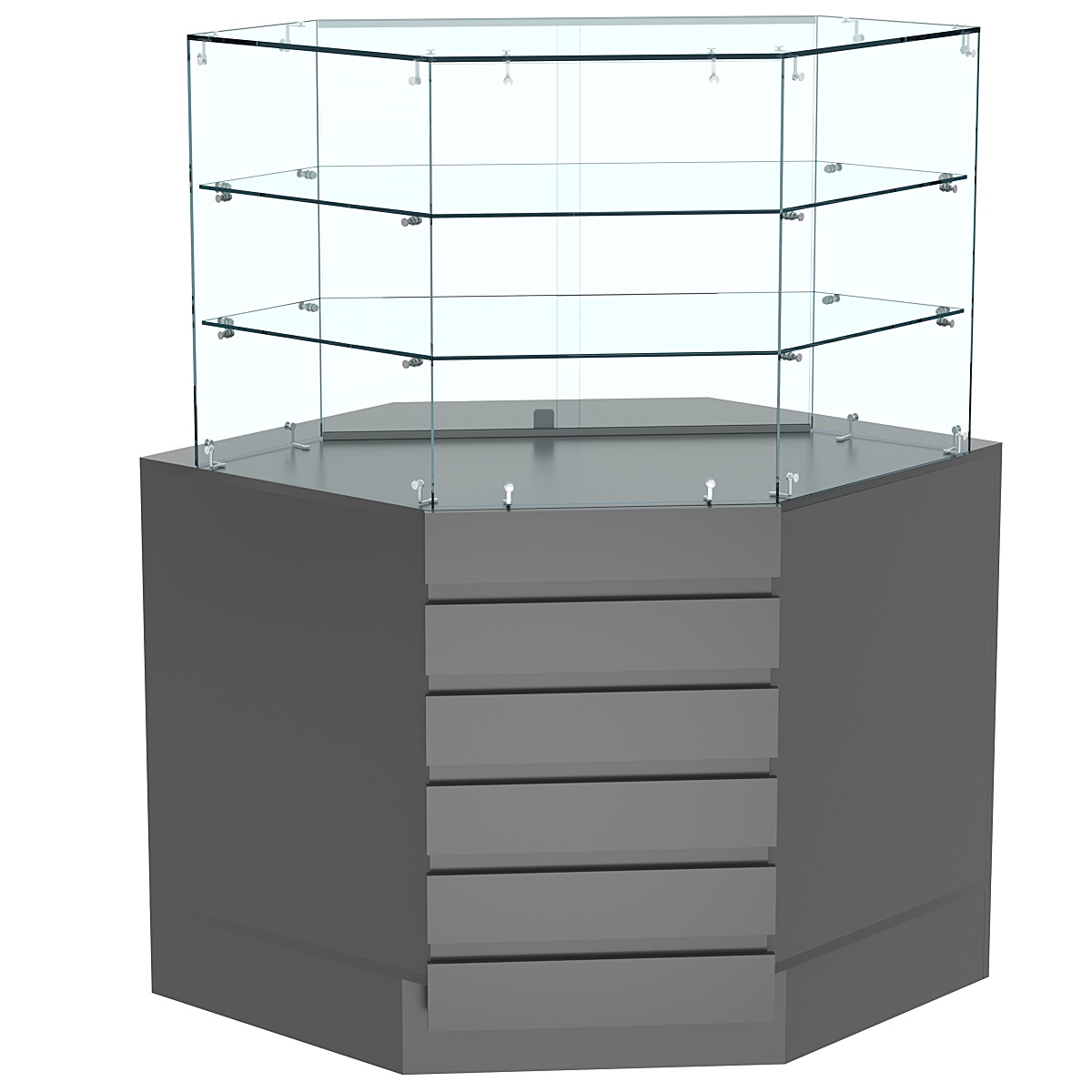 Торговый прилавок угловой со стеклянными шторками и фасадными панелями №15Э-02 Темно-Серый