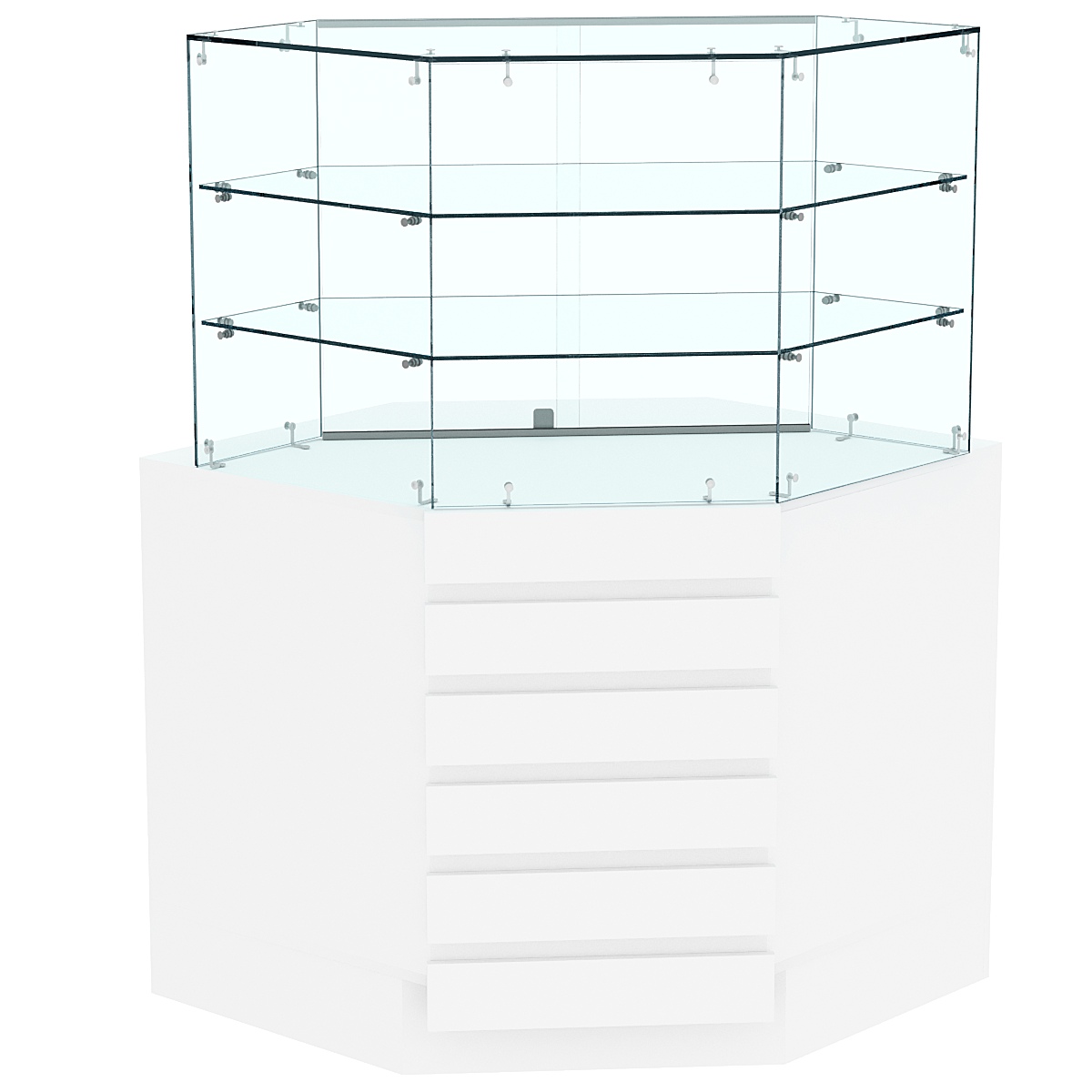 Торговый прилавок угловой со стеклянными шторками и фасадными панелями №15Э-02 Белый