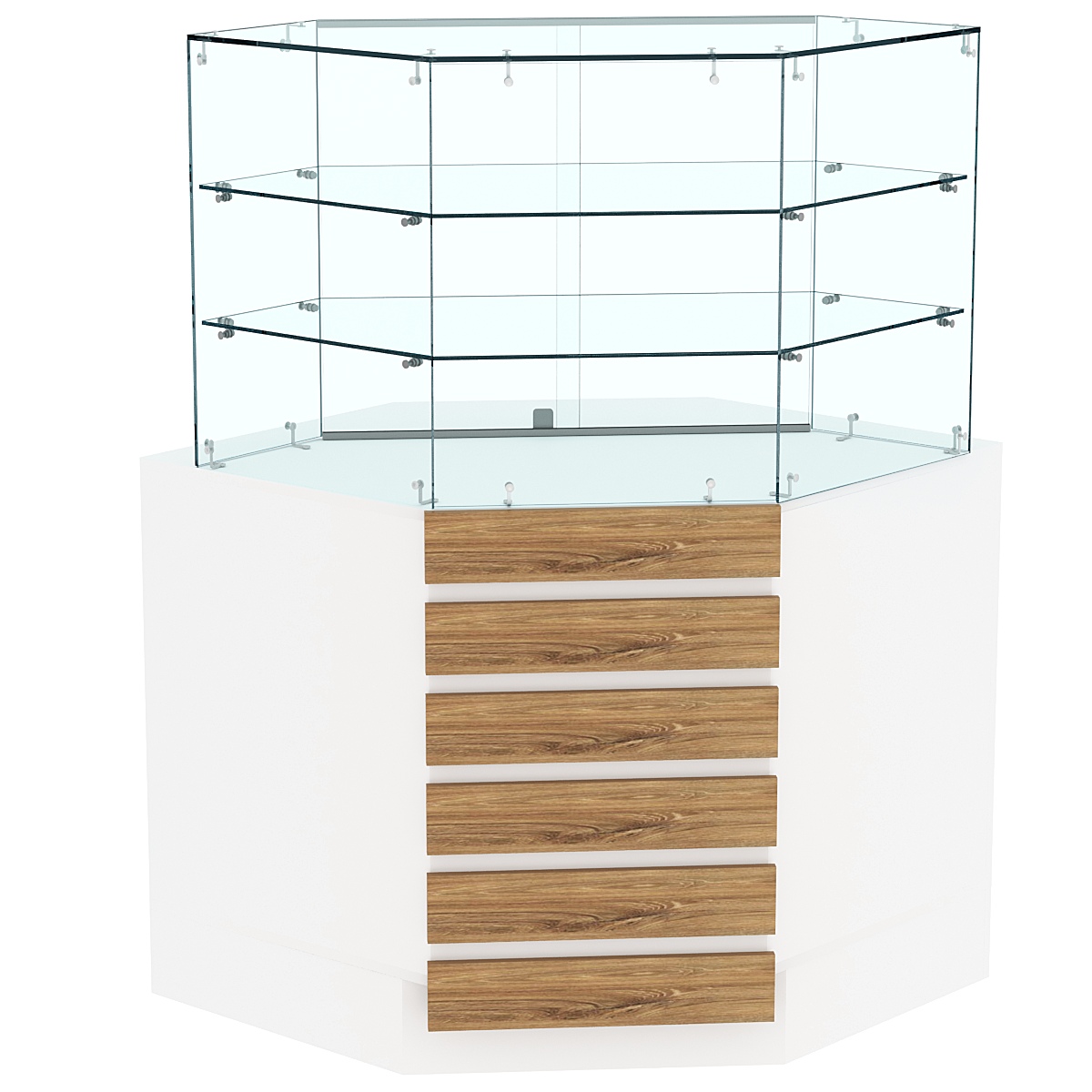 Торговый прилавок угловой со стеклянными шторками и фасадными панелями №15Э-02 Белый + Дуб Канзас коричневый