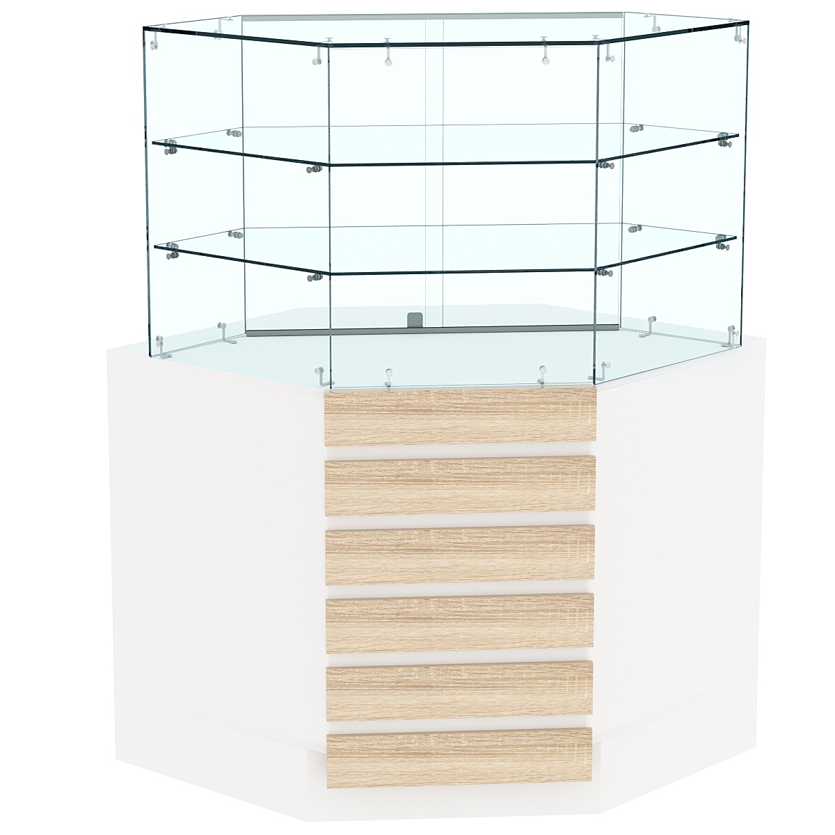 Торговый прилавок угловой со стеклянными шторками и фасадными панелями №15Э-02 Белый + Дуб Сонома