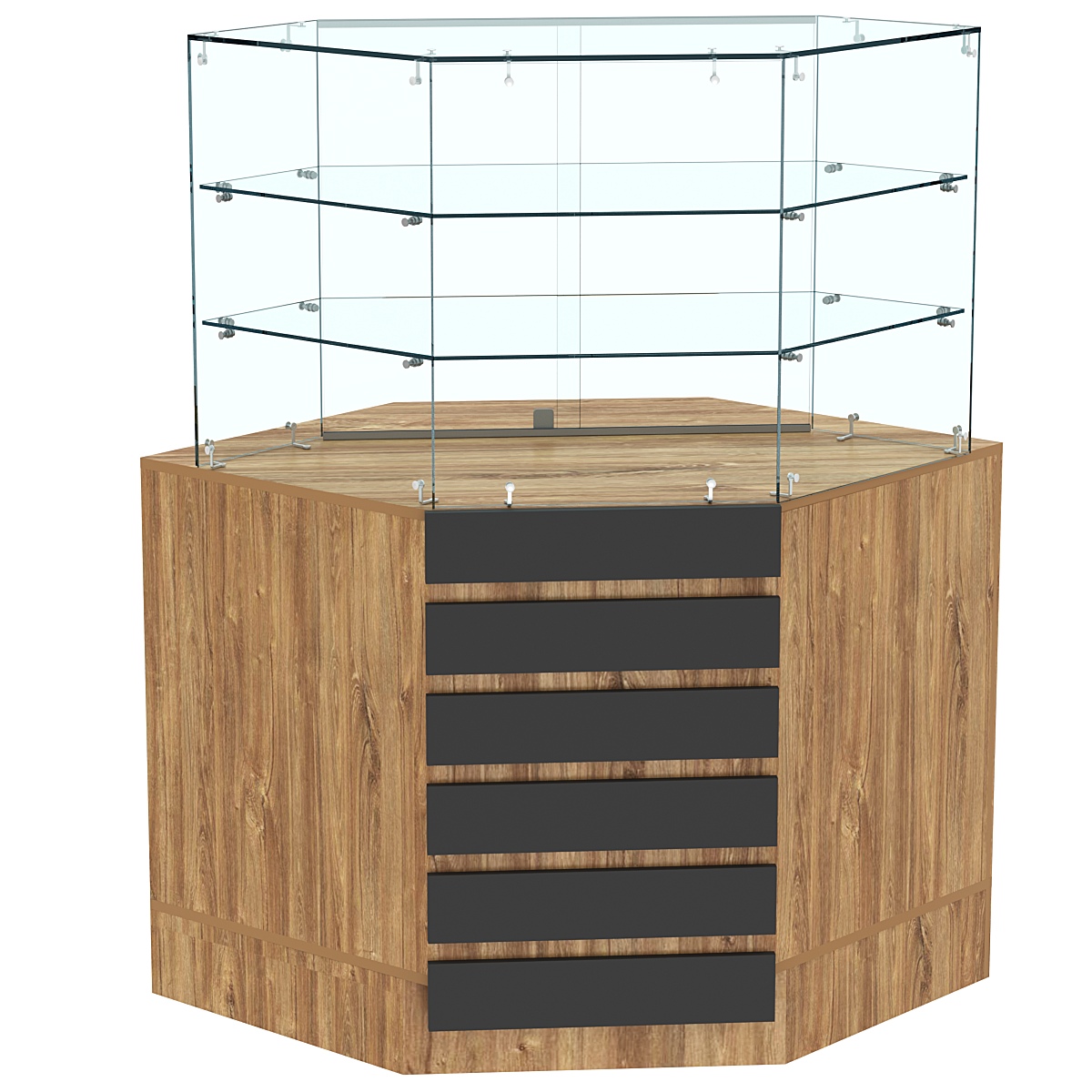 Торговый прилавок угловой со стеклянными шторками и фасадными панелями №15Э-02 Дуб Канзас коричневый + Черный