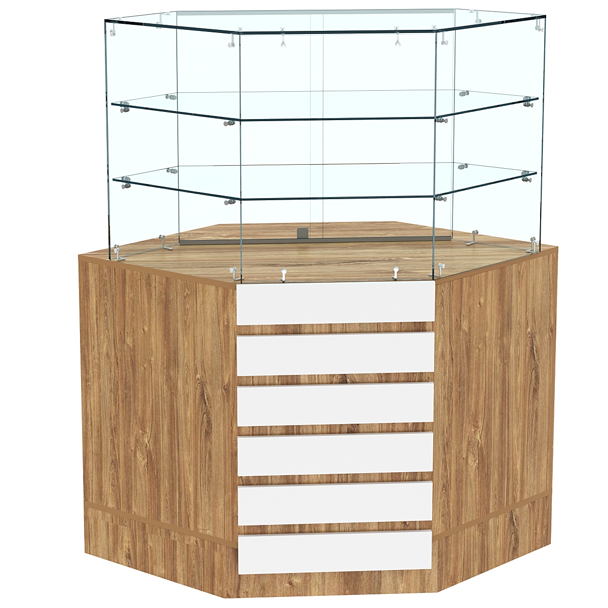 Торговый прилавок угловой со стеклянными шторками и фасадными панелями №15Э-02 Дуб Канзас коричневый + Белый