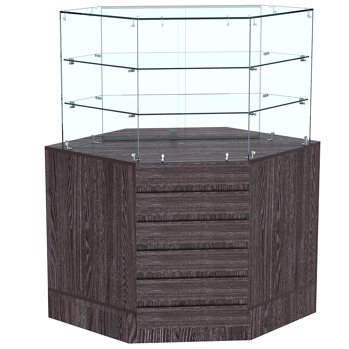 Торговый прилавок угловой со стеклянными шторками и фасадными панелями №15Э-02 Ясень Анкор темный - U31105