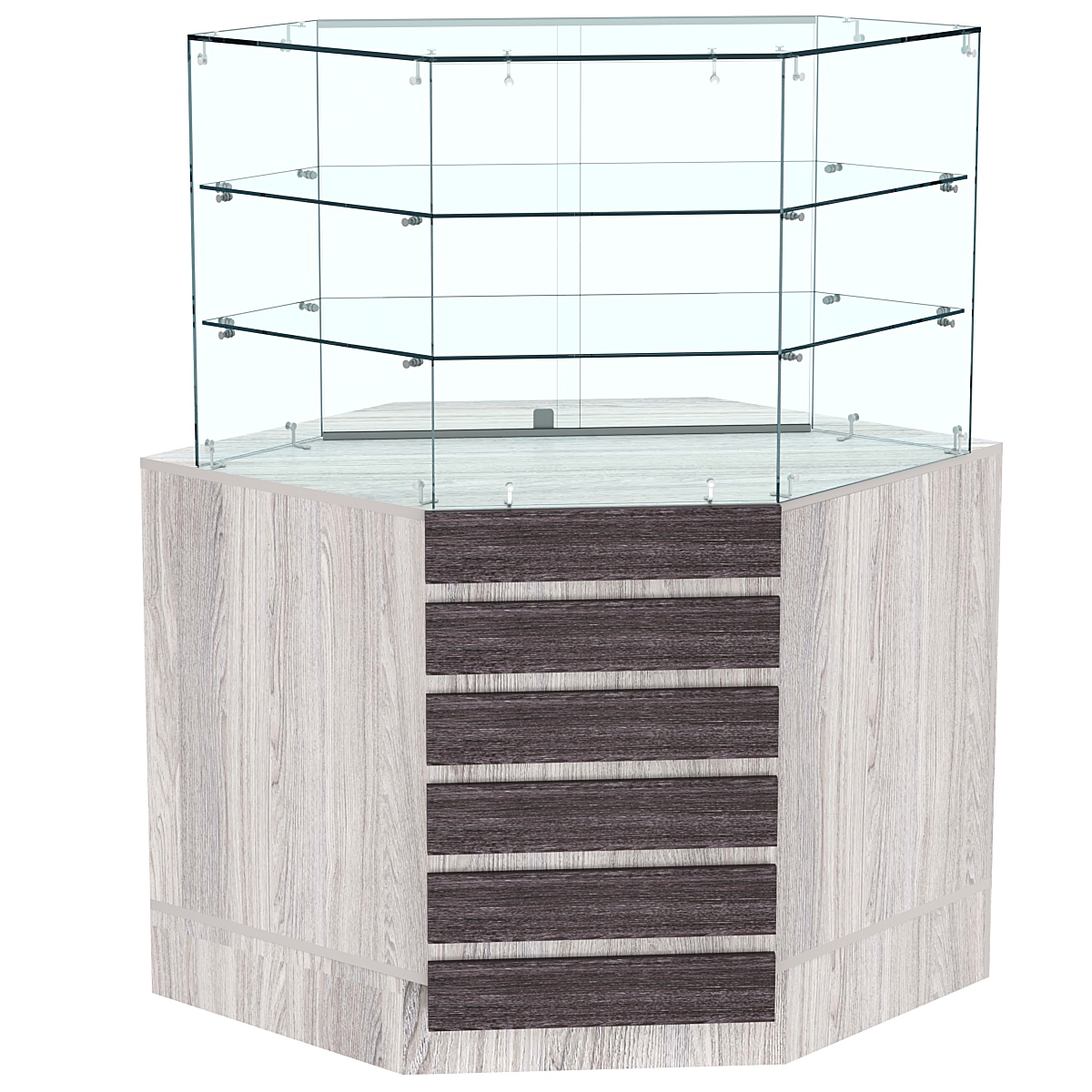 Торговый прилавок угловой со стеклянными шторками и фасадными панелями №15Э-02 Ясень Анкор светлый + Ясень Анкор темный