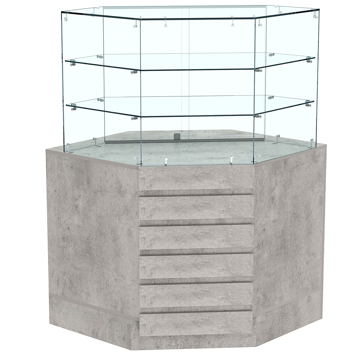 Торговый прилавок угловой со стеклянными шторками и фасадными панелями №15Э-02 Бетон Чикаго светло-серый F186 ST9