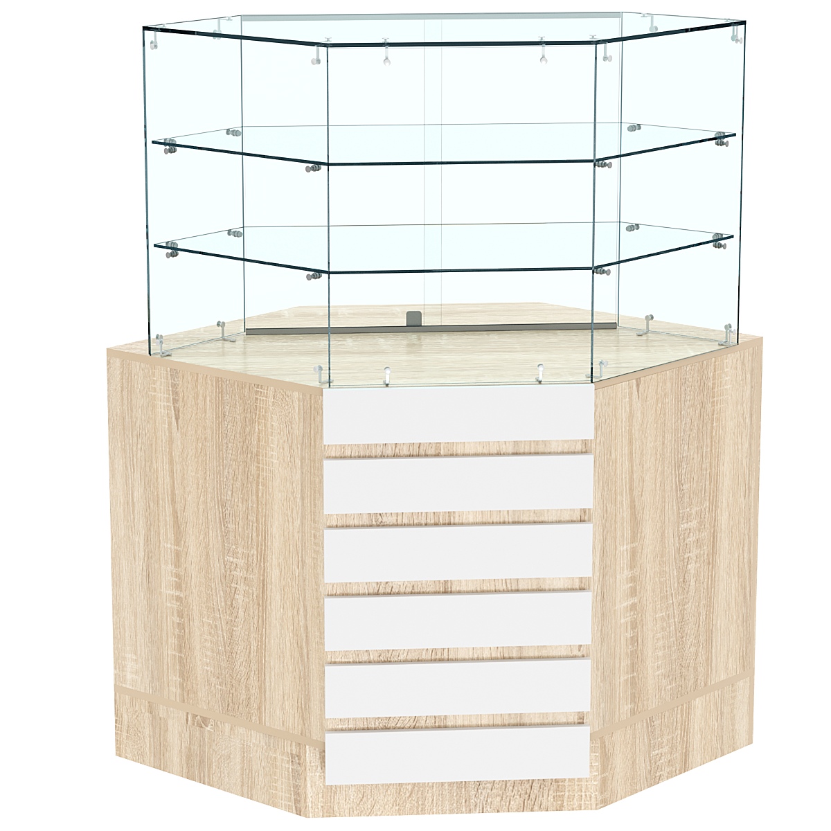 Торговый прилавок угловой со стеклянными шторками и фасадными панелями №15Э-02 Дуб Сонома + Белый
