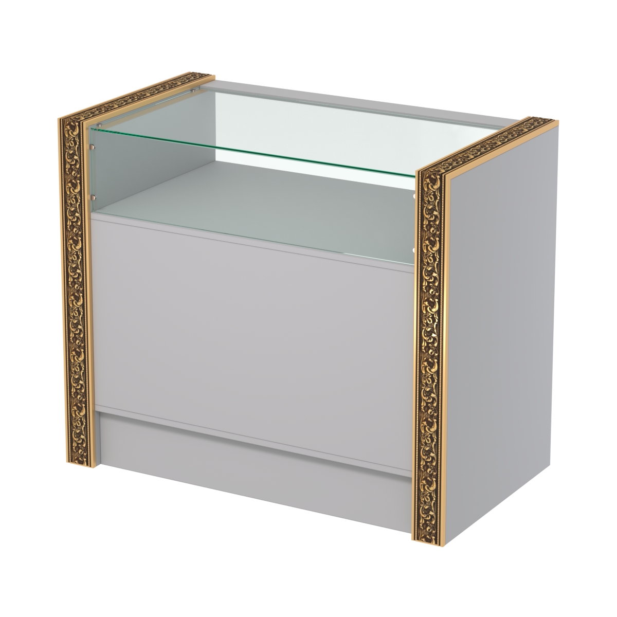 Недорогой прилавок с большим накопителем и декоративными молдингами №ПДМ-2-900 Серый