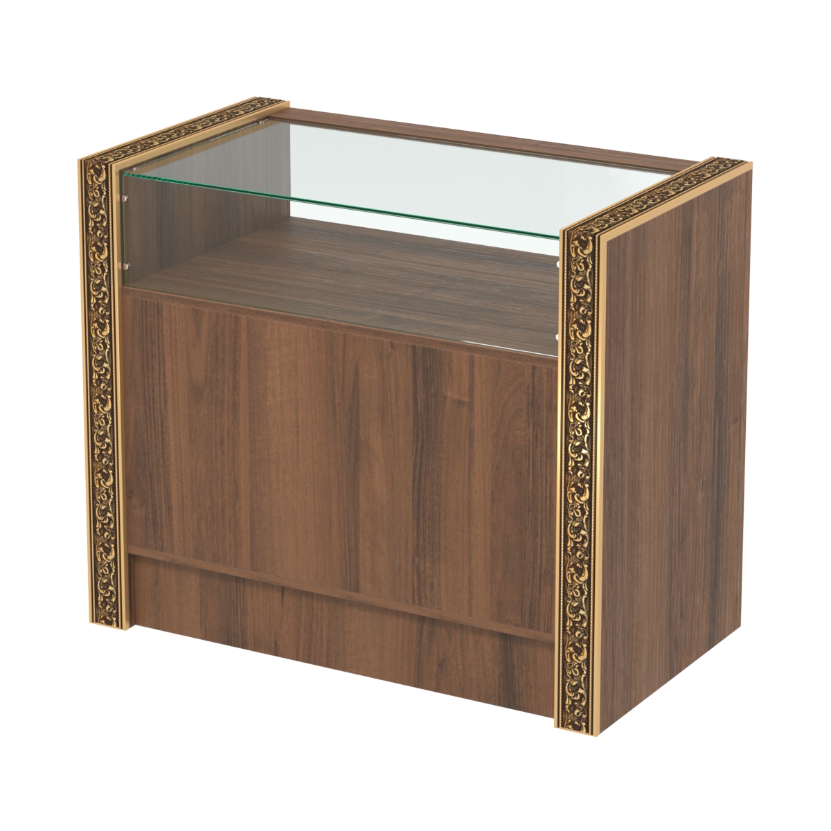 Недорогой прилавок с большим накопителем и декоративными молдингами №ПДМ-2-900 Орех