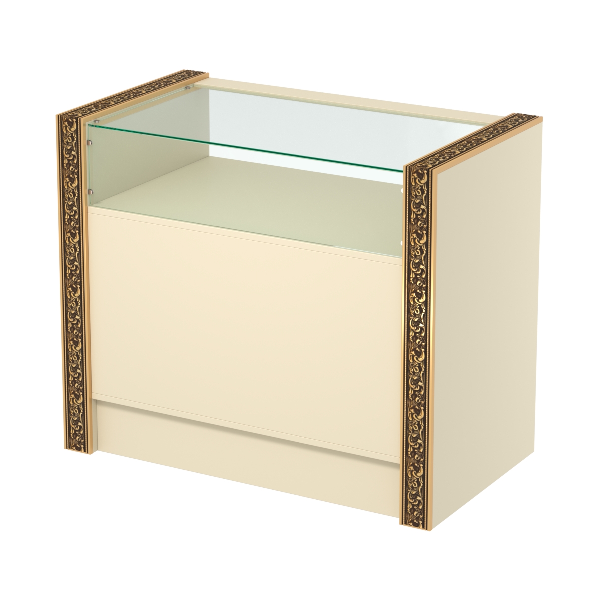 Недорогой прилавок с большим накопителем и декоративными молдингами №ПДМ-2-900 Крем Вайс