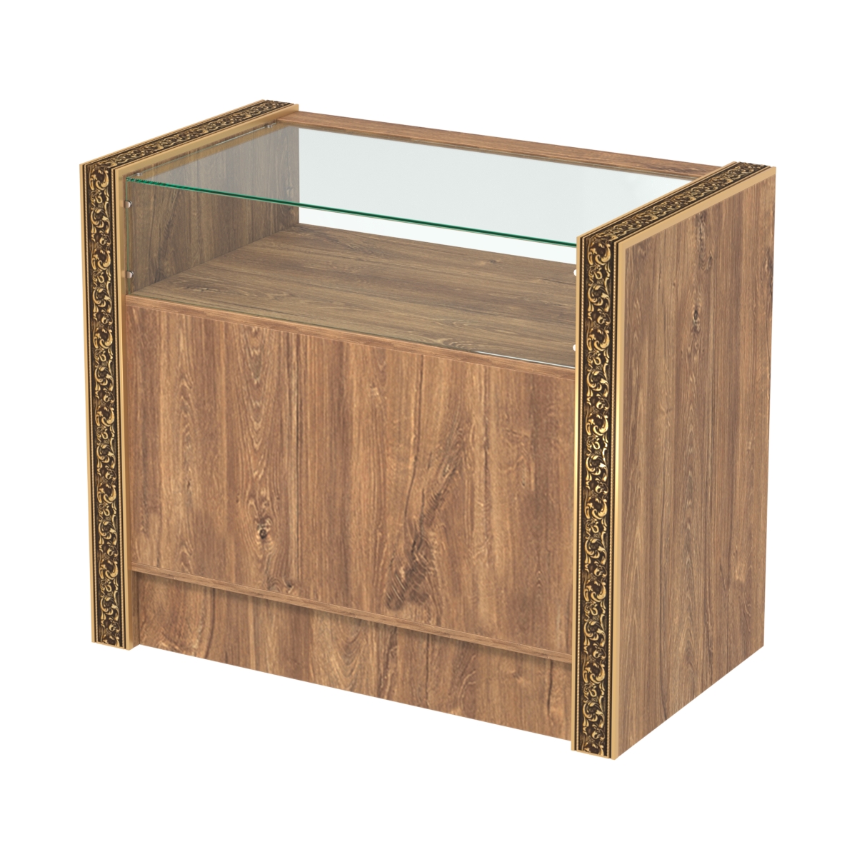 Недорогой прилавок с большим накопителем и декоративными молдингами №ПДМ-2-900 Дуб Канзас коричневый