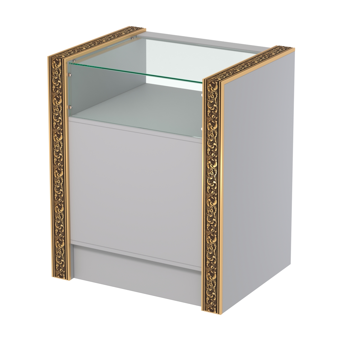 Недорогой прилавок с прозрачным верхом и декоративными молдингами №ПДМ-2-600 Серый