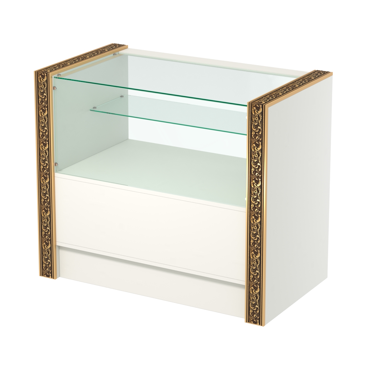 Недорогой прилавок с одной узкой полкой и декоративными молдингами №ПДМ-3-900 Белый