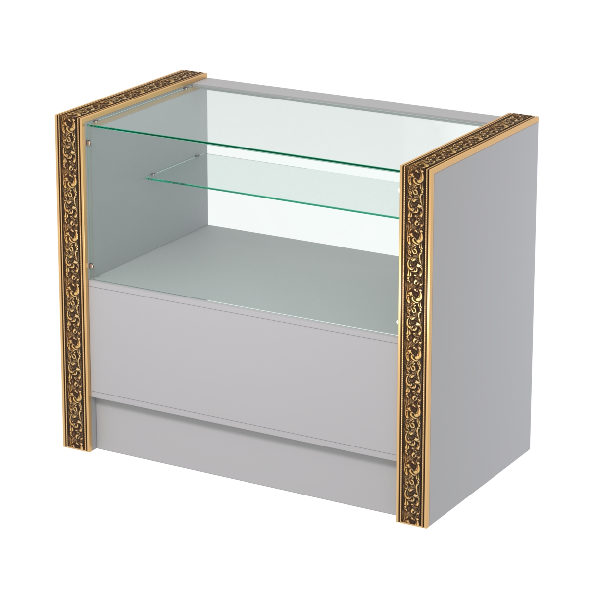 Недорогой прилавок с одной узкой полкой и декоративными молдингами №ПДМ-3-900 Серый