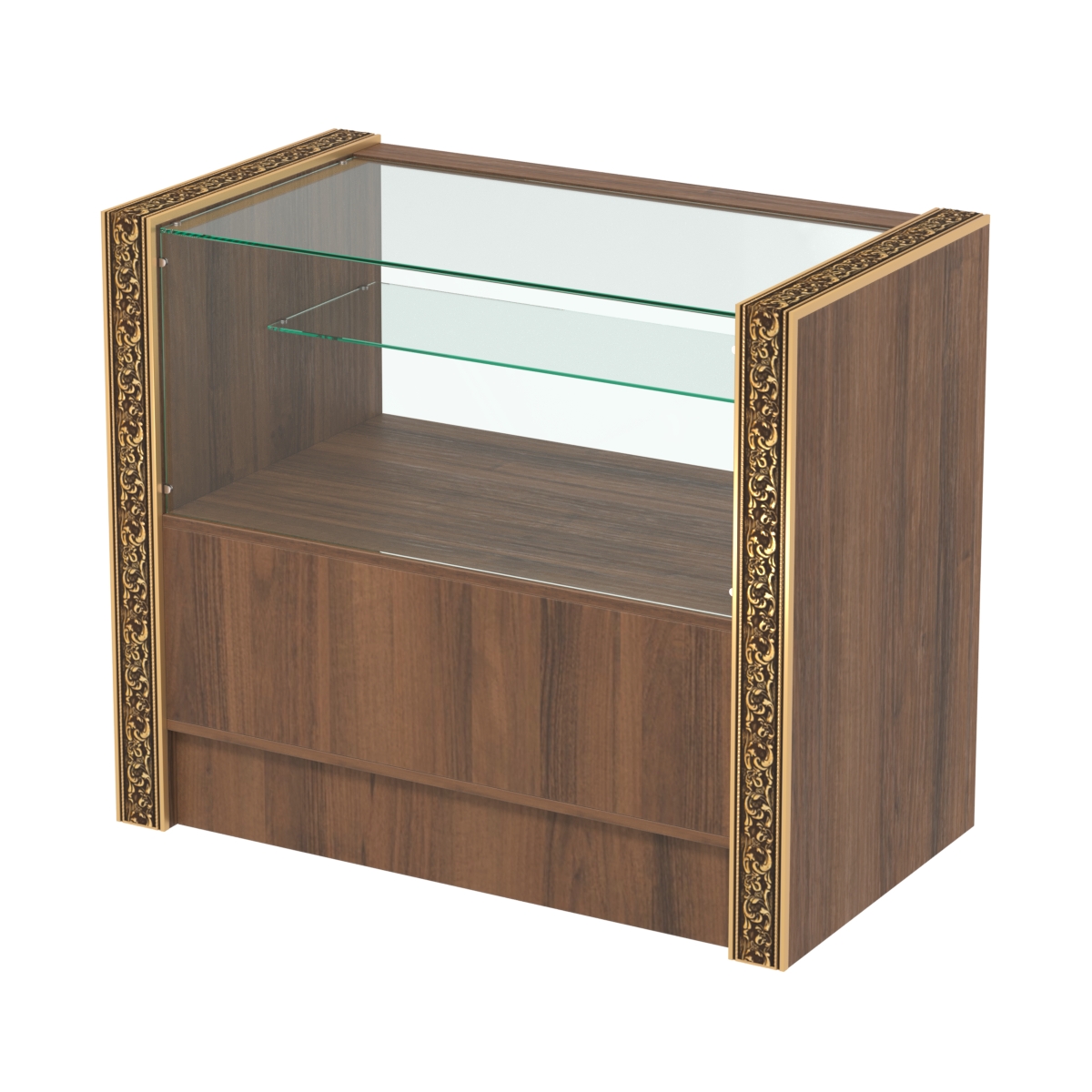 Недорогой прилавок с одной узкой полкой и декоративными молдингами №ПДМ-3-900 Орех