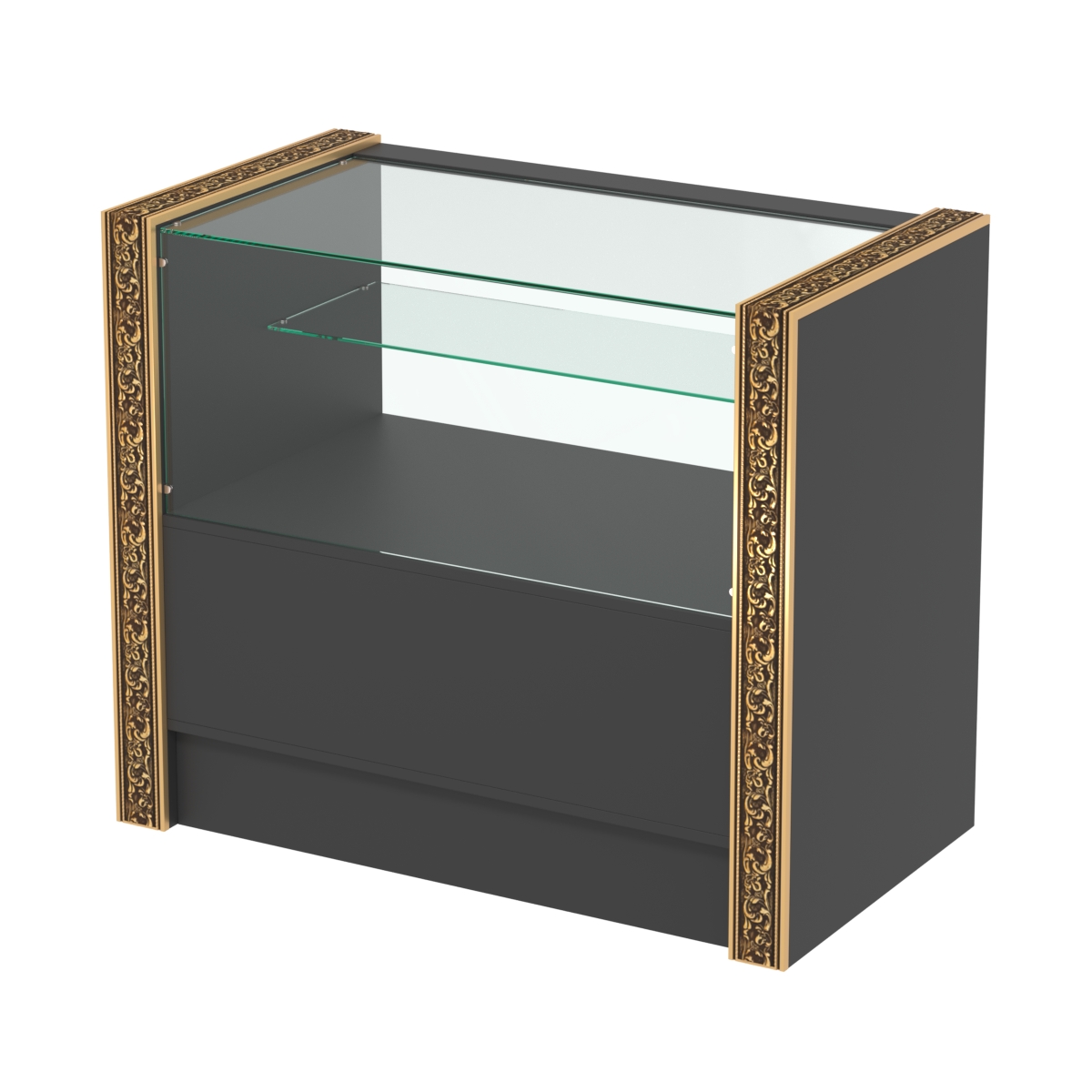 Недорогой прилавок с одной узкой полкой и декоративными молдингами №ПДМ-3-900 Черный