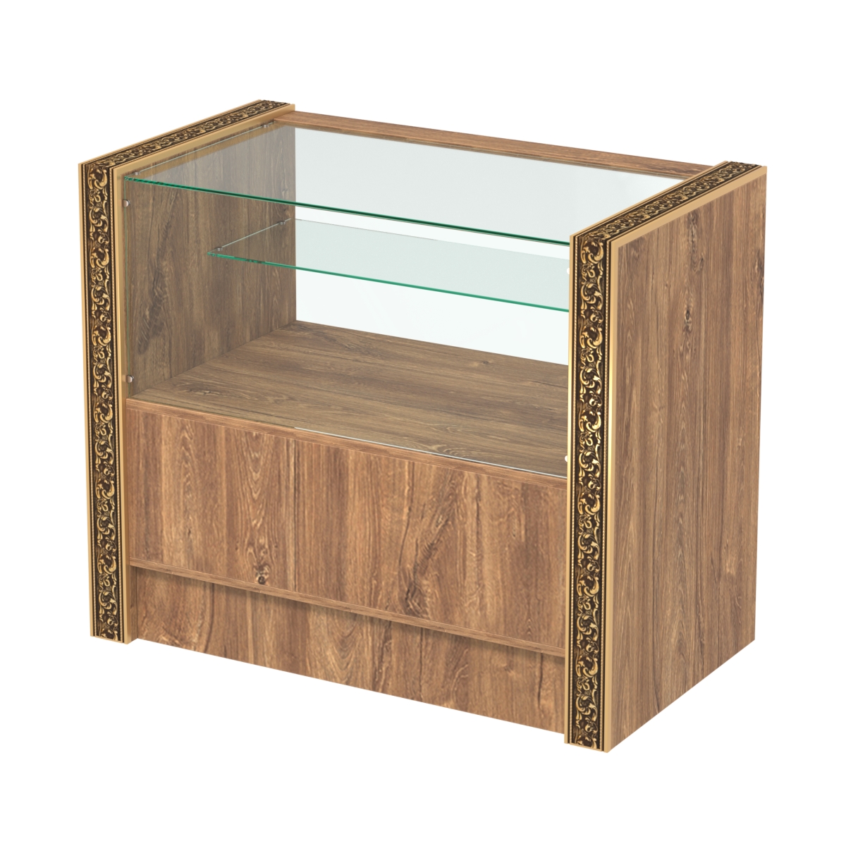 Недорогой прилавок с одной узкой полкой и декоративными молдингами №ПДМ-3-900 Дуб Канзас коричневый