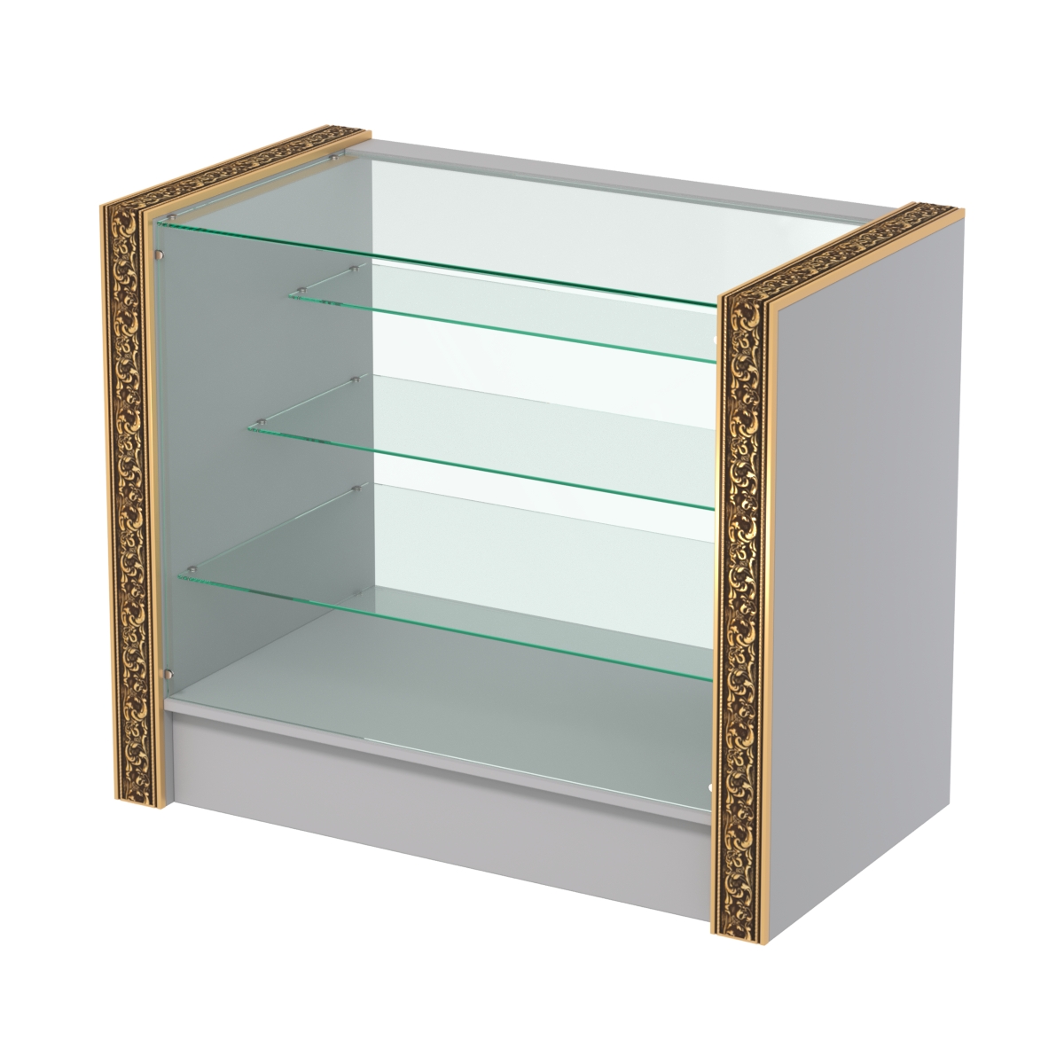 Недорогой прилавок со стеклянным фасадом и декоративными молдингами №ПДМ-4-900 Серый