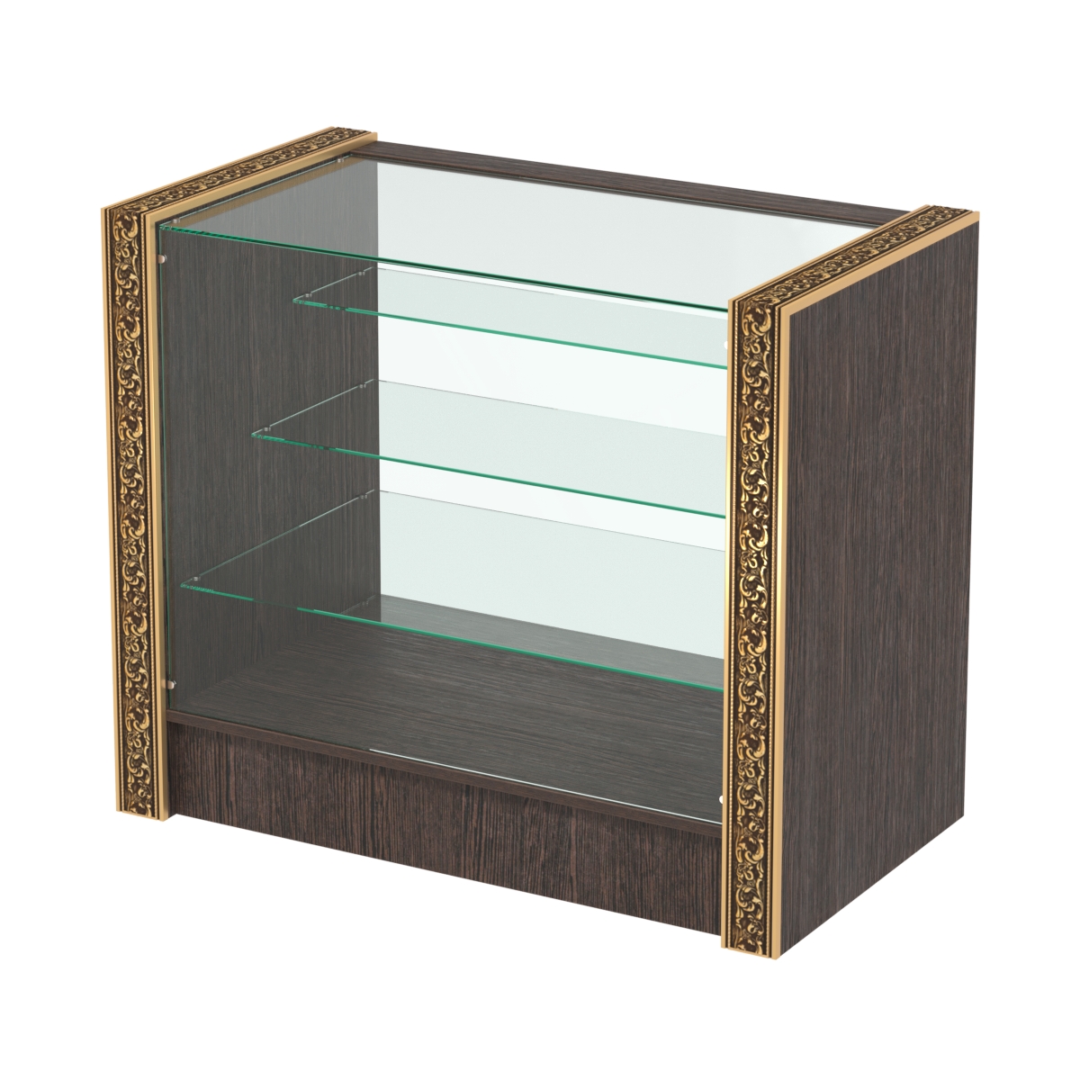 Недорогой прилавок со стеклянным фасадом и декоративными молдингами №ПДМ-4-900 Дуб Венге