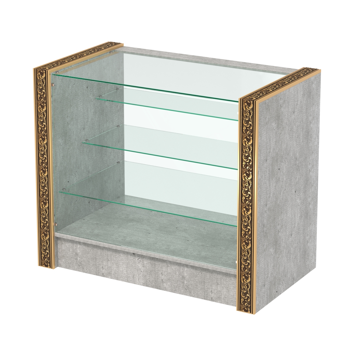 Недорогой прилавок со стеклянным фасадом и декоративными молдингами №ПДМ-4-900 Метрополитан Грей