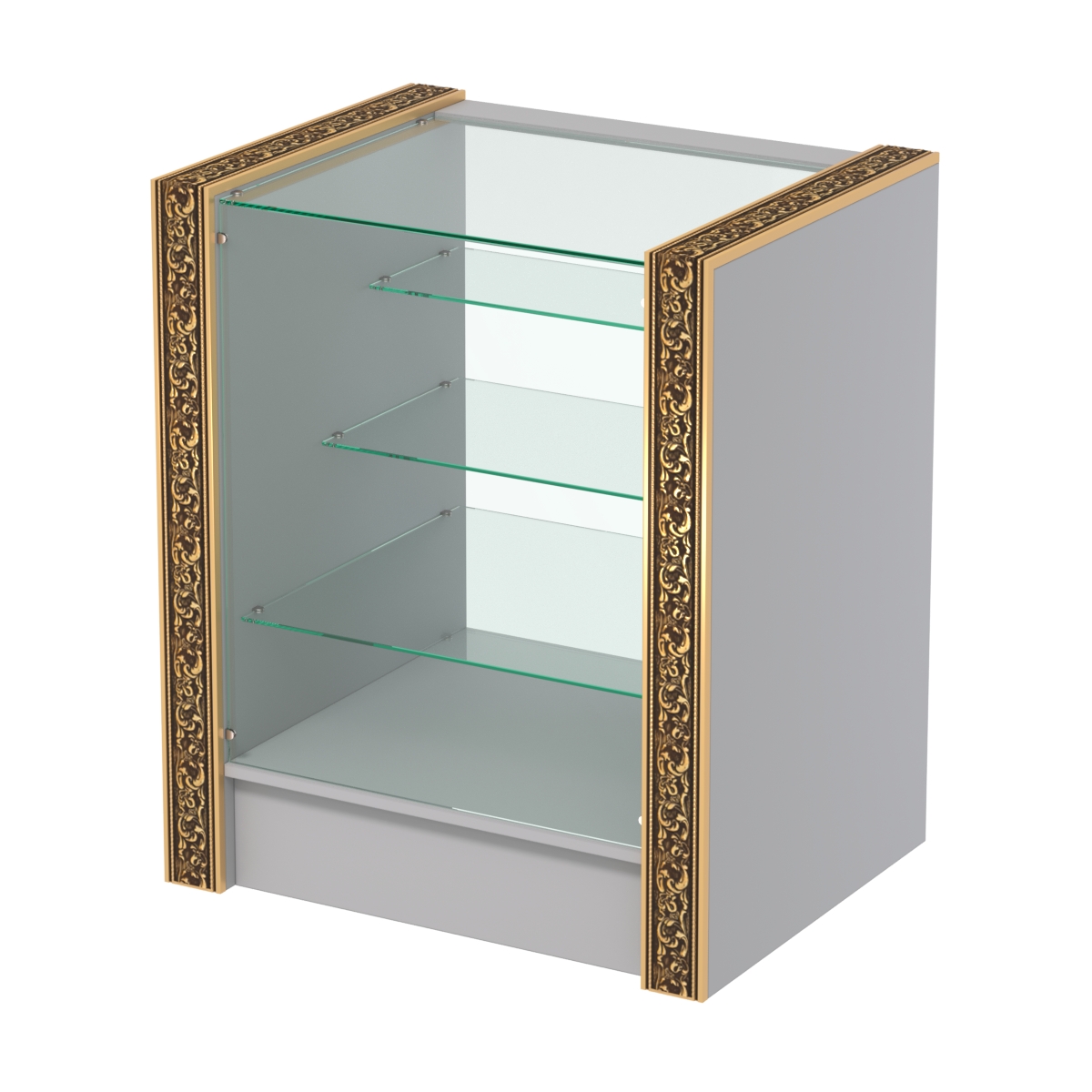 Недорогой прилавок с тремя полками лесенкой и декоративными молдингами №ПДМ-4-600 Серый