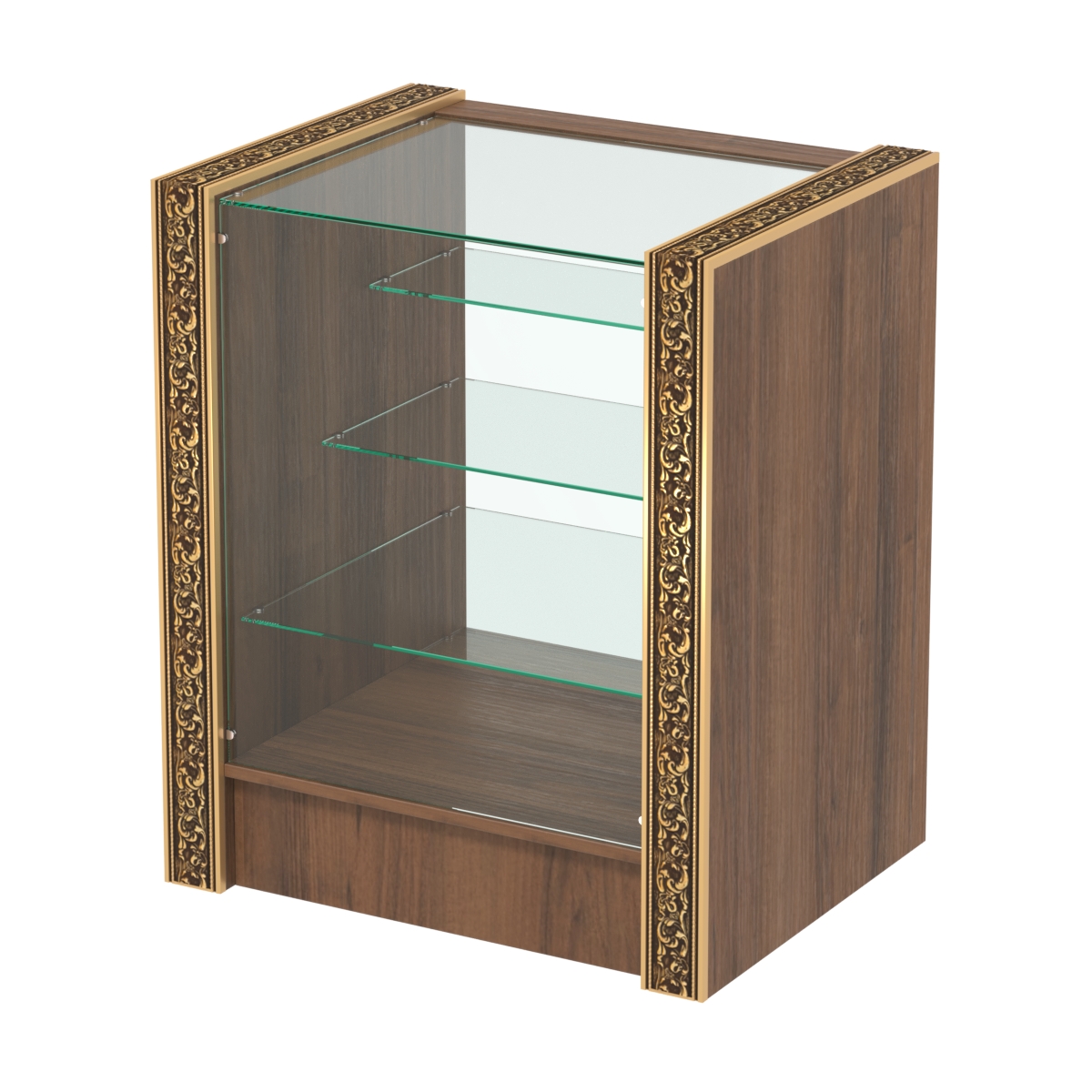 Недорогой прилавок с тремя полками лесенкой и декоративными молдингами №ПДМ-4-600 Орех