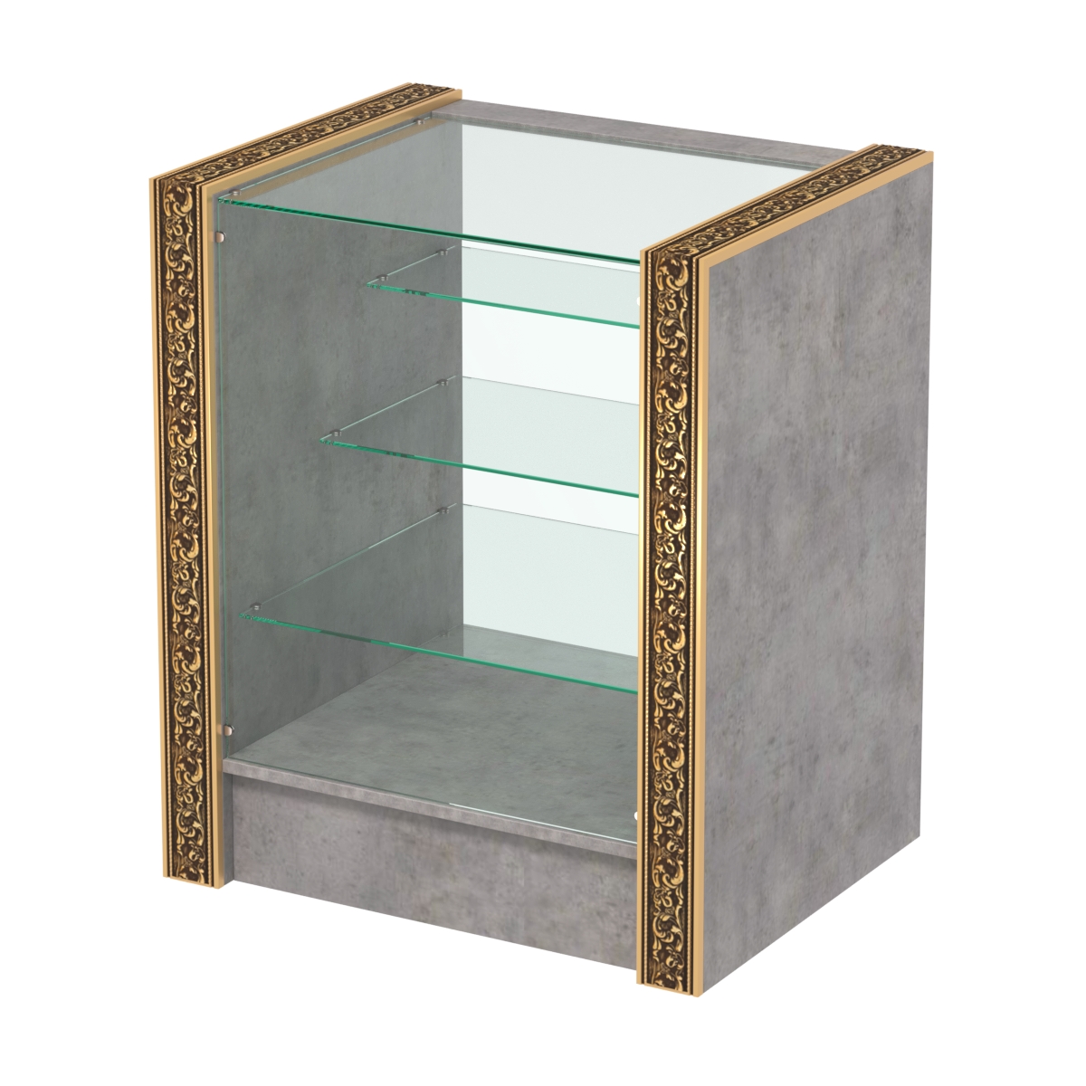 Недорогой прилавок с тремя полками лесенкой и декоративными молдингами №ПДМ-4-600 Бетон Чикаго светло-серый F186 ST9