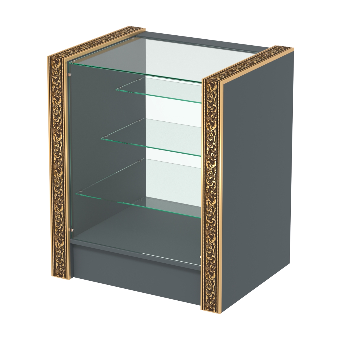 Недорогой прилавок с тремя полками лесенкой и декоративными молдингами №ПДМ-4-600 Темно-Серый