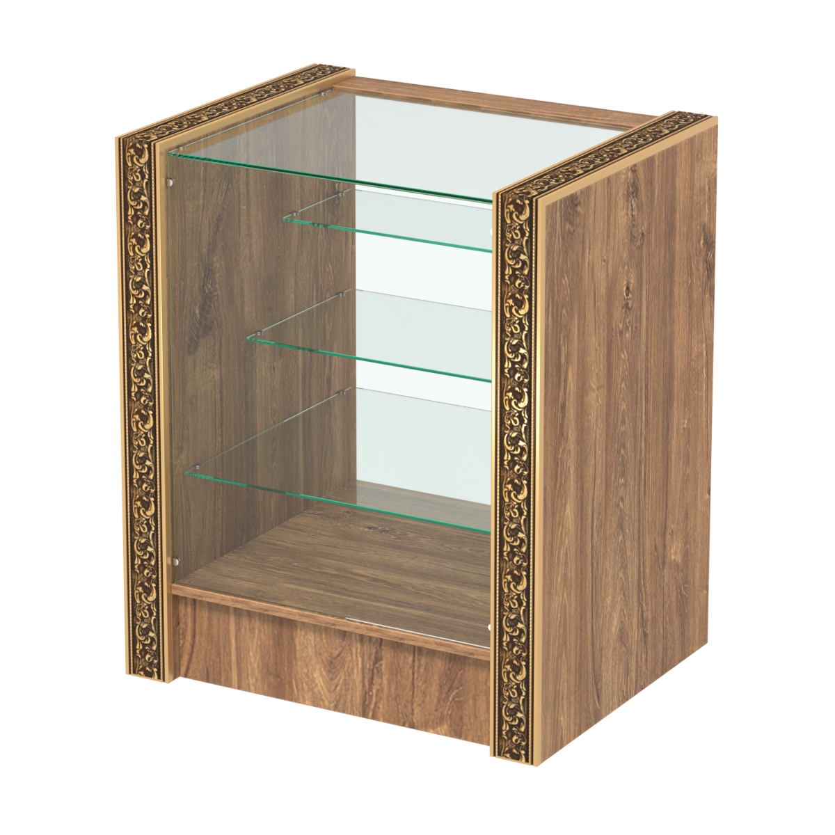 Недорогой прилавок с тремя полками лесенкой и декоративными молдингами №ПДМ-4-600 Дуб Канзас коричневый