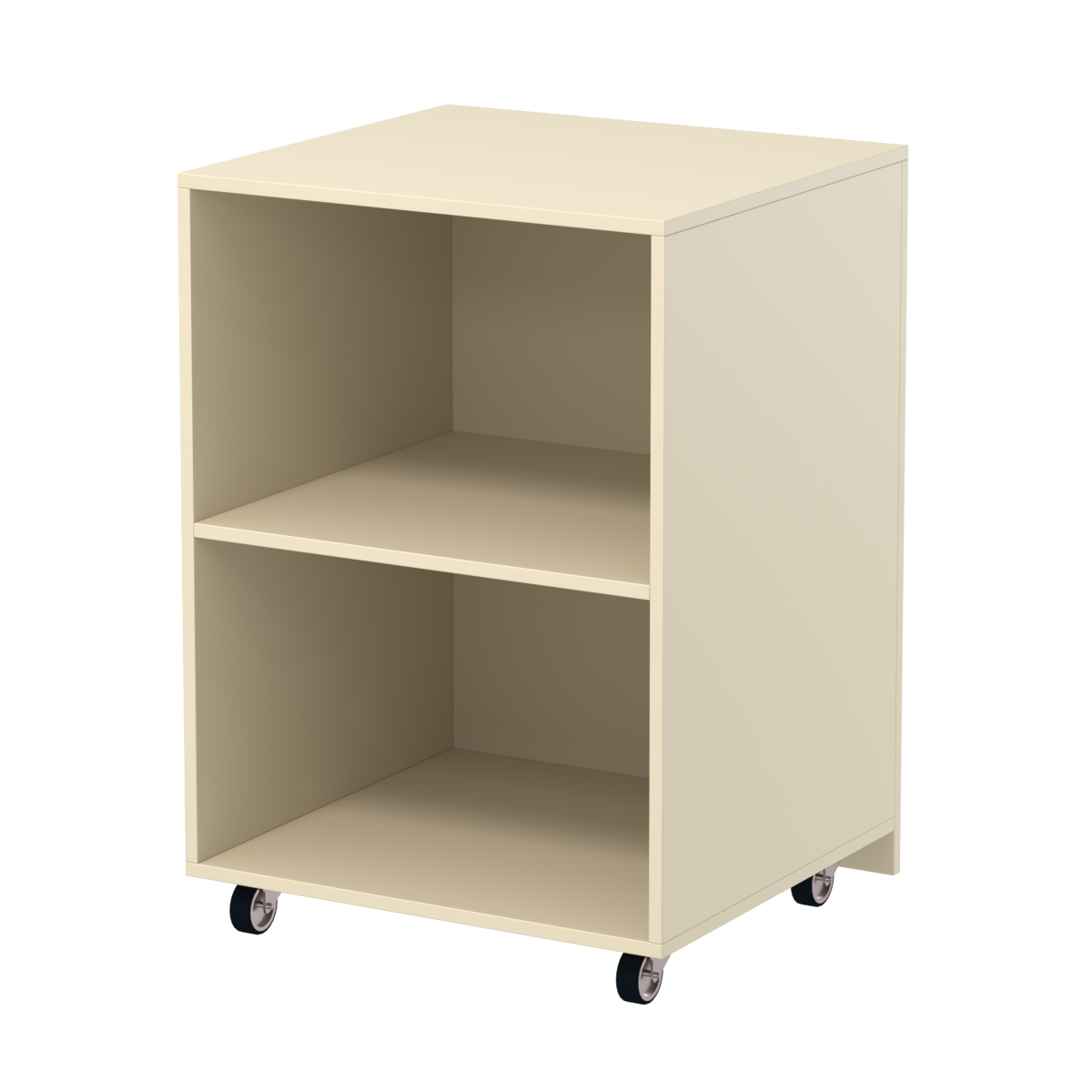 Узкий недорогой прилавок под декоративные молдинги с металлическими колесами №ПДМ-13 Крем Вайс