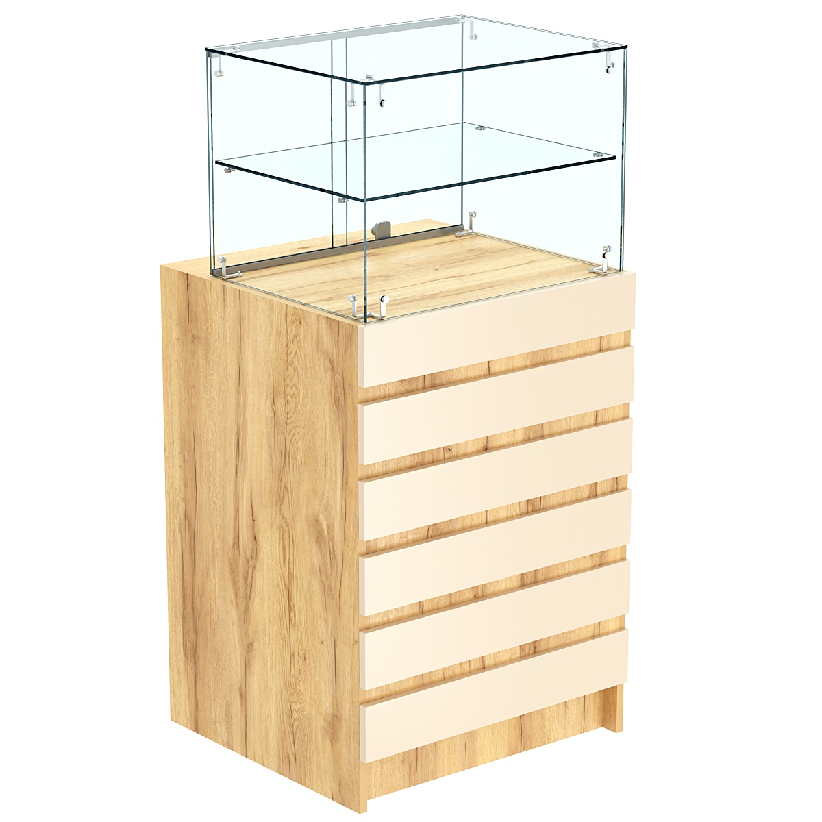 Торговый прилавок со стеклянной надставкой и фасадными панелями №5Э-01 Дуб Золотистый и Крем Вайс