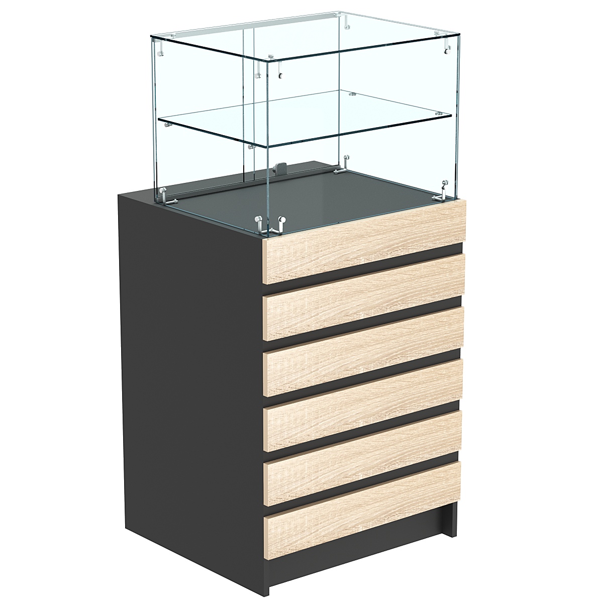 Торговый прилавок со стеклянной надставкой и фасадными панелями №5Э-01 Черный + Дуб Сонома