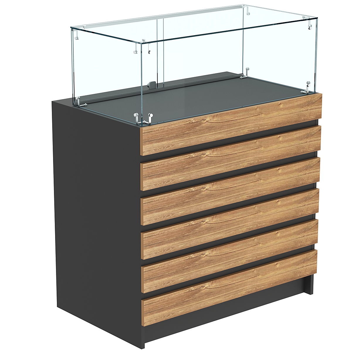 Торговый прилавок с прозрачным колпаком и фасадными панелями №1Э-14 Черный + Дуб Канзас коричневый