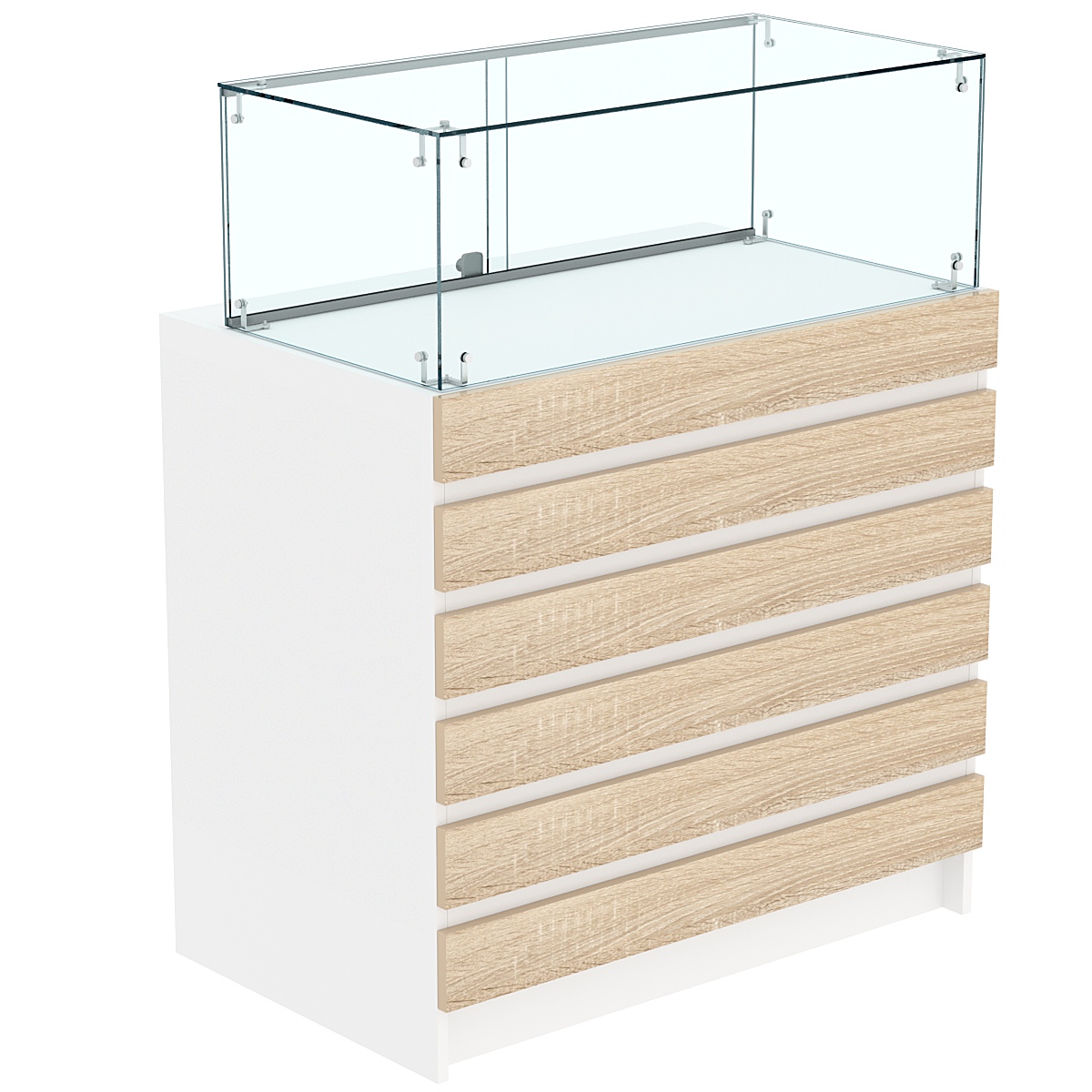 Торговый прилавок с прозрачным колпаком и фасадными панелями №1Э-14 Белый + Дуб Сонома