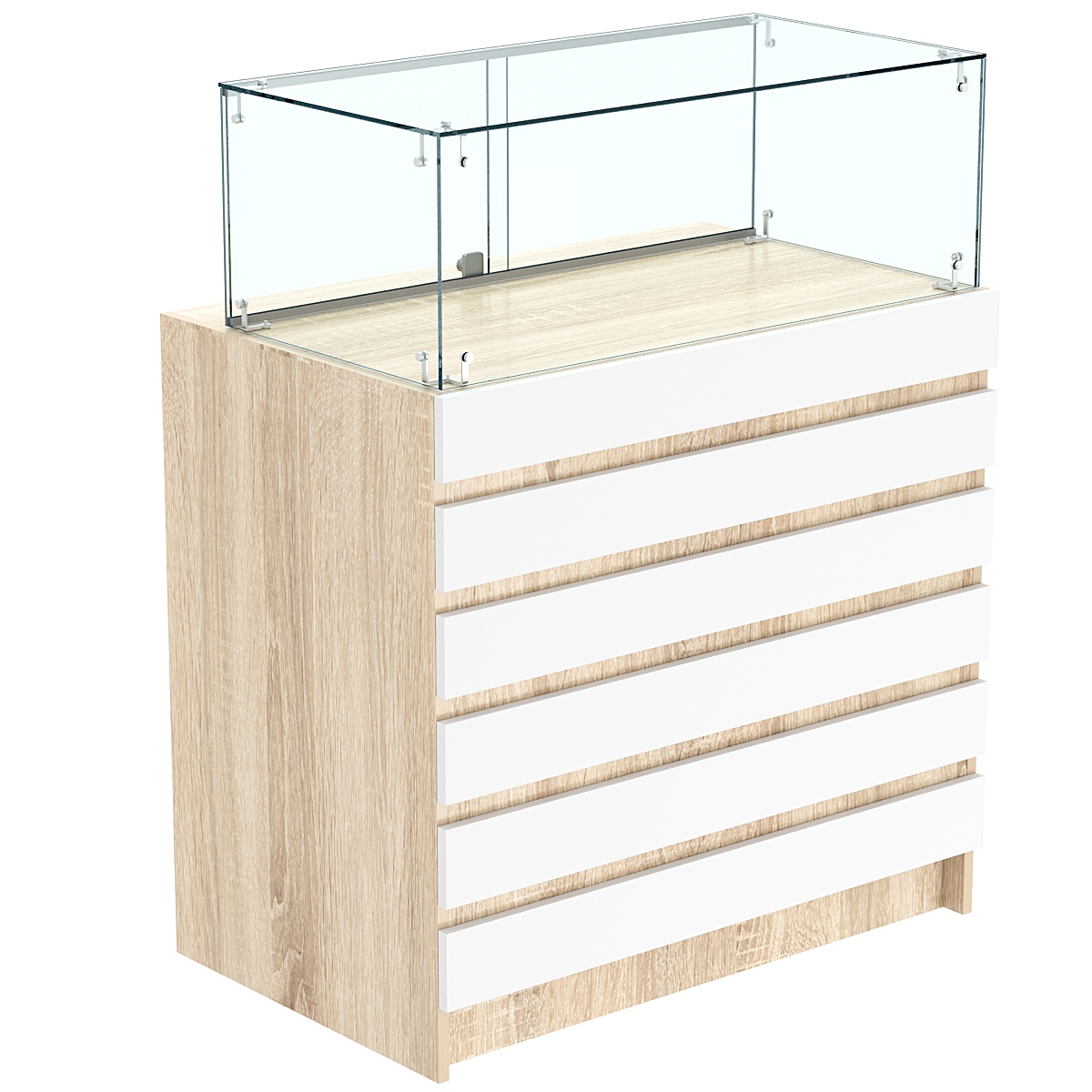 Торговый прилавок с прозрачным колпаком и фасадными панелями №1Э-14 Дуб Сонома + Белый