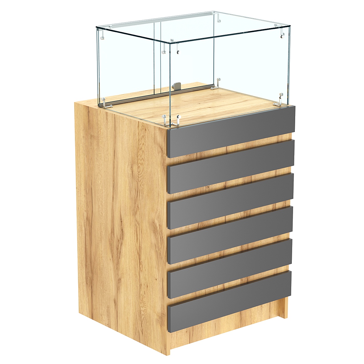 Торговый прилавок с прозрачной витриной и фасадным декором №5Э-14 Дуб Золотистый и Темно-Серый