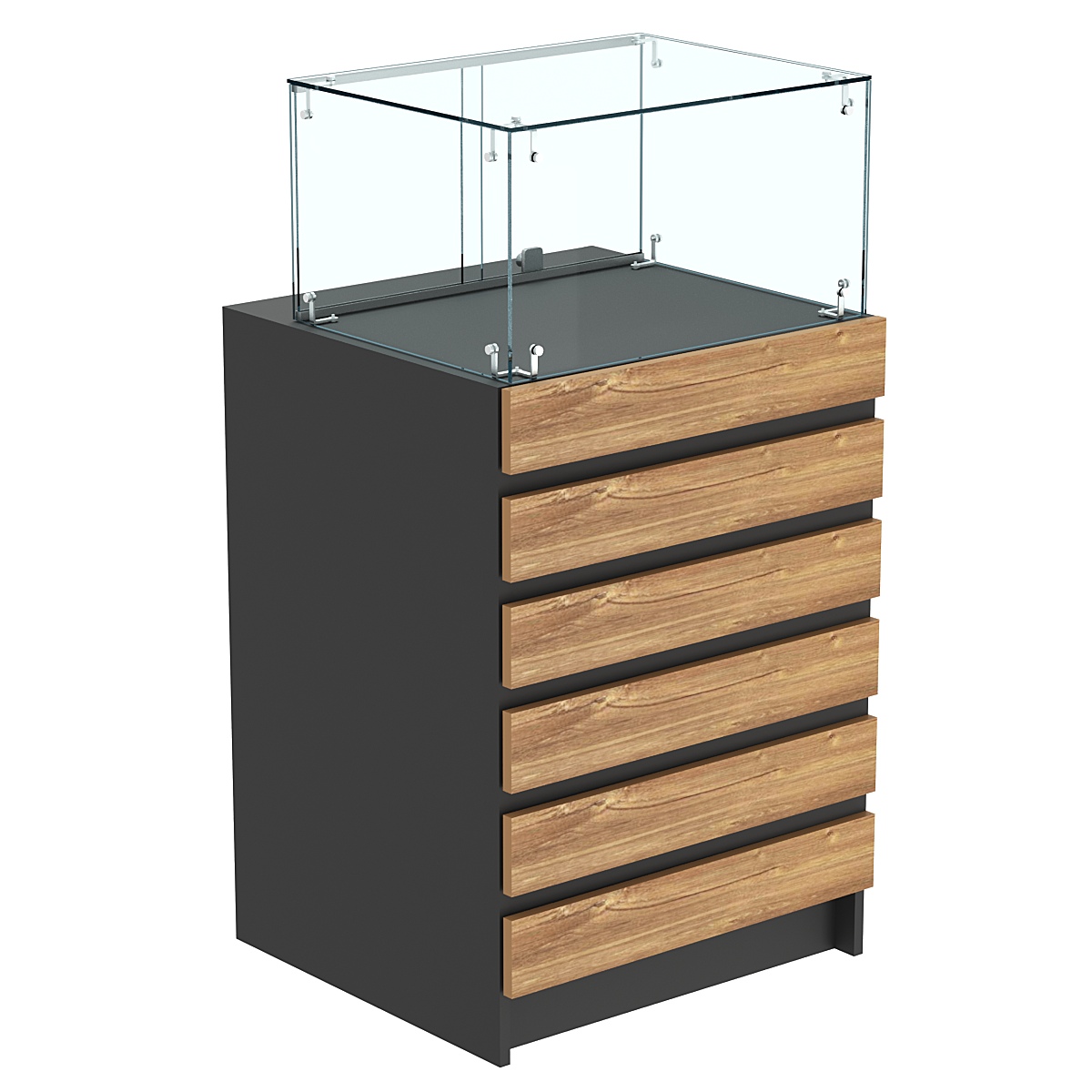 Торговый прилавок с прозрачной витриной и фасадным декором №5Э-14 Черный + Дуб Канзас коричневый