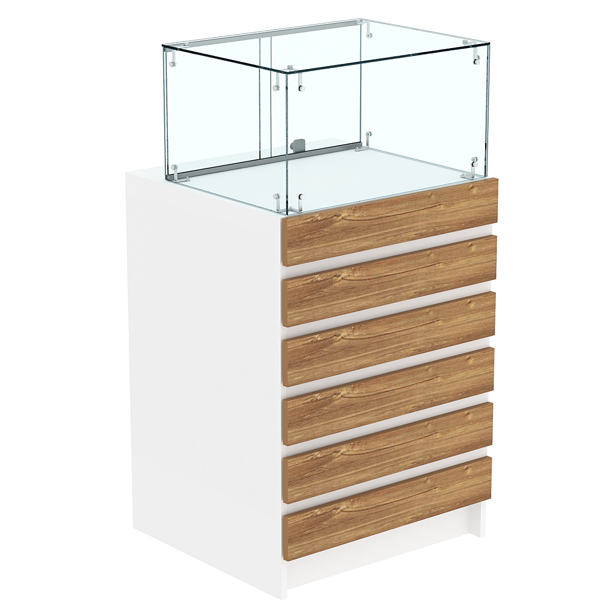 Торговый прилавок с прозрачной витриной и фасадным декором №5Э-14 Белый + Дуб Канзас коричневый