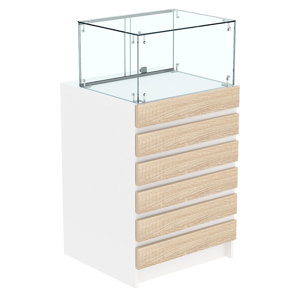 Торговый прилавок с прозрачной витриной и фасадным декором №5Э-14 Белый + Дуб Сонома