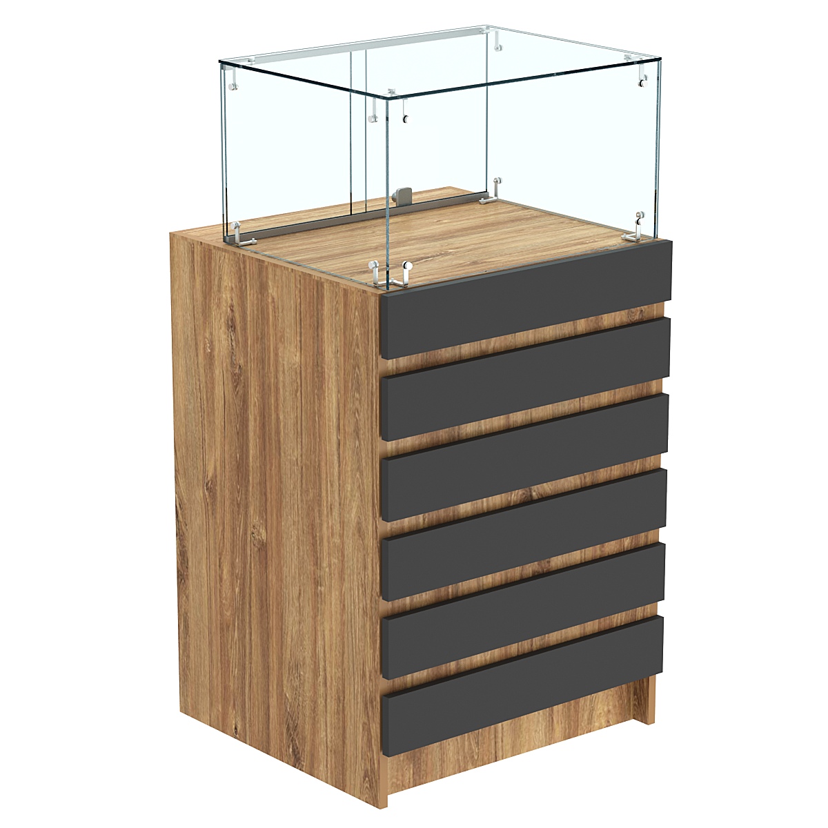 Торговый прилавок с прозрачной витриной и фасадным декором №5Э-14 Дуб Канзас коричневый + Черный