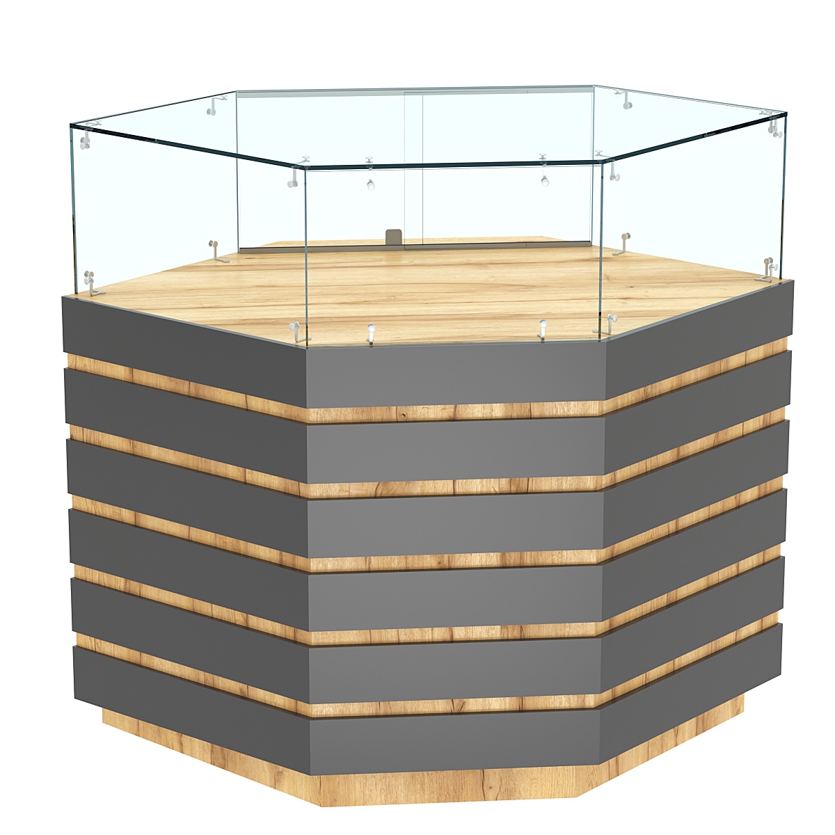 Торговый прилавок угловой с низкой витриной и фасадными панелями №14Э-14 Дуб Золотистый и Темно-Серый