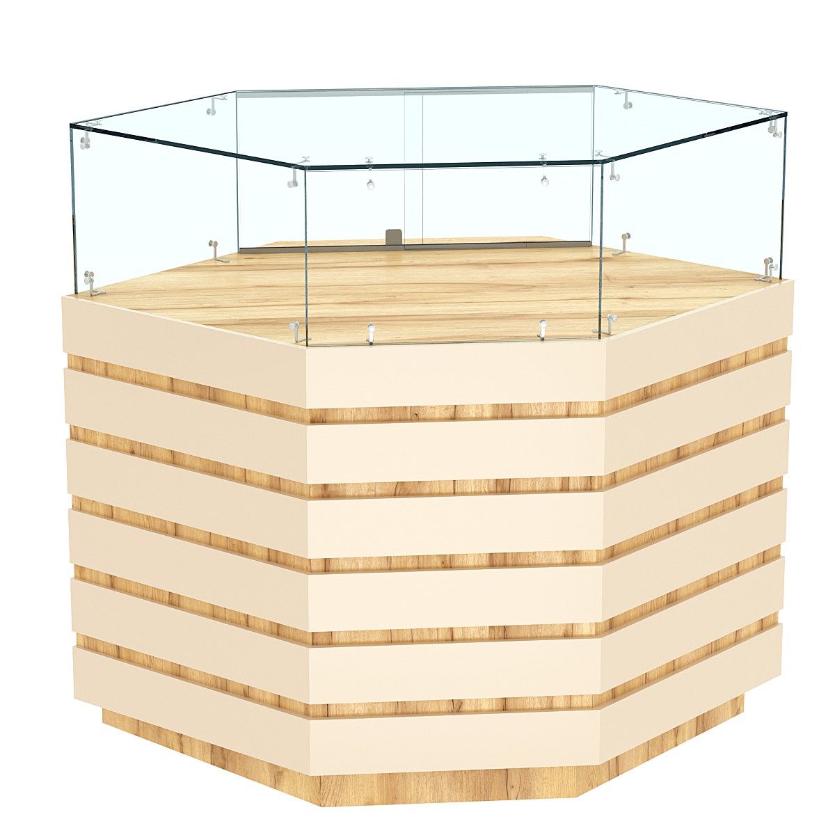 Торговый прилавок угловой с низкой витриной и фасадными панелями №14Э-14 Дуб Золотистый и Крем Вайс