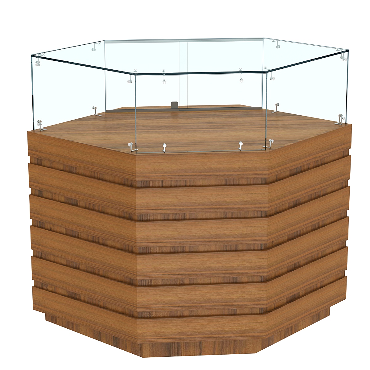 Торговый прилавок угловой с низкой витриной и фасадными панелями №14Э-14 Орех