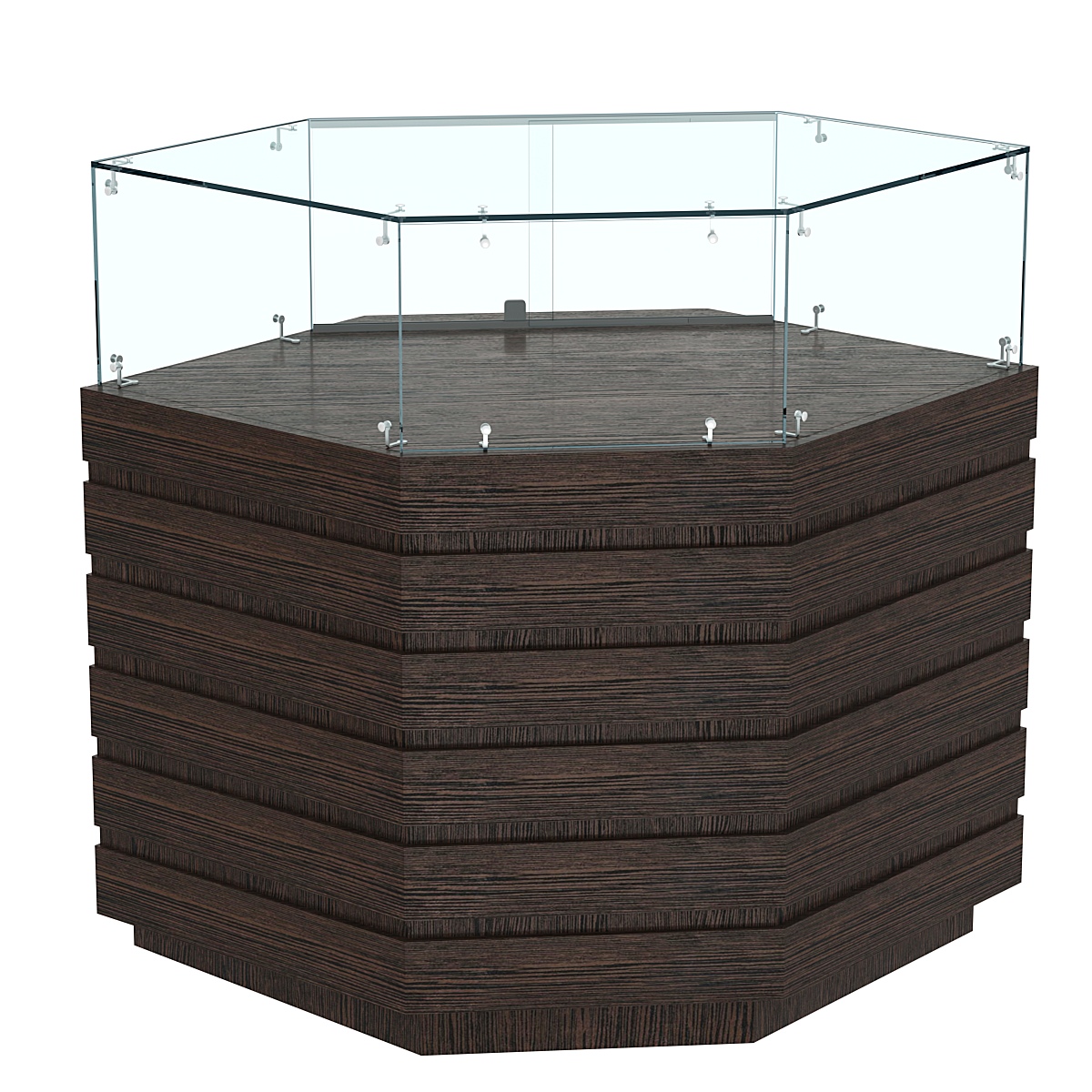 Торговый прилавок угловой с низкой витриной и фасадными панелями №14Э-14 Дуб Венге