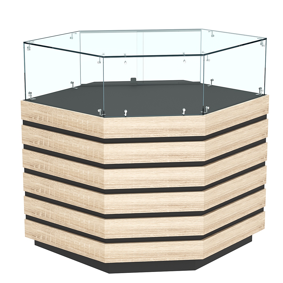 Торговый прилавок угловой с низкой витриной и фасадными панелями №14Э-14 Черный + Дуб Сонома