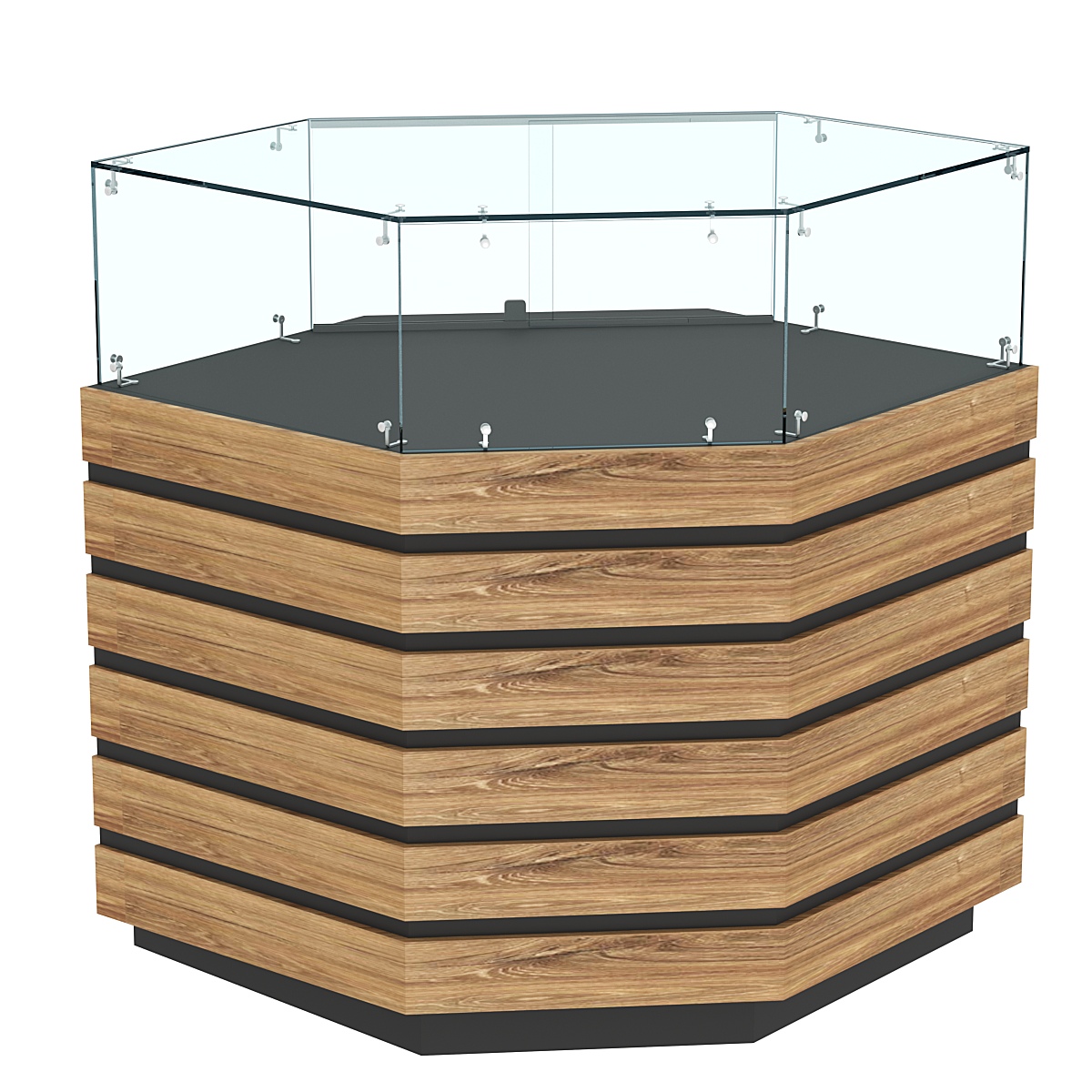 Торговый прилавок угловой с низкой витриной и фасадными панелями №14Э-14 Черный + Дуб Канзас коричневый