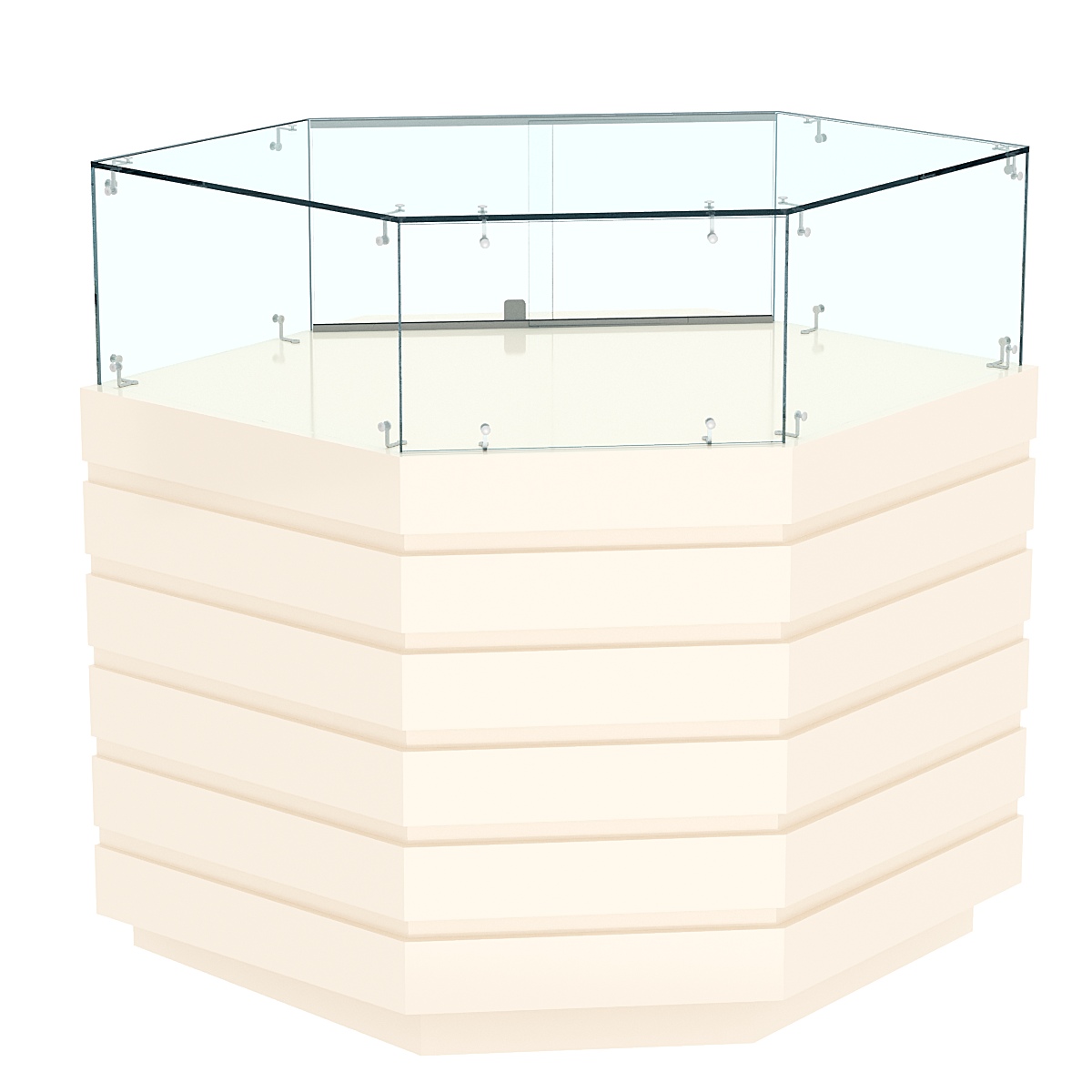 Торговый прилавок угловой с низкой витриной и фасадными панелями №14Э-14 Крем Вайс