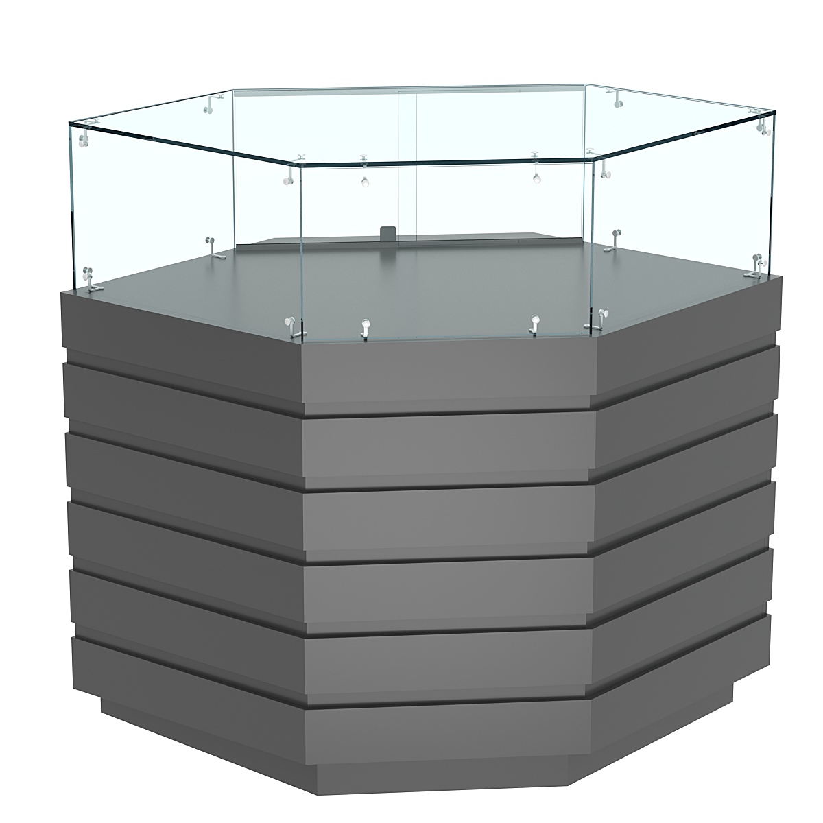 Торговый прилавок угловой с низкой витриной и фасадными панелями №14Э-14 Темно-Серый