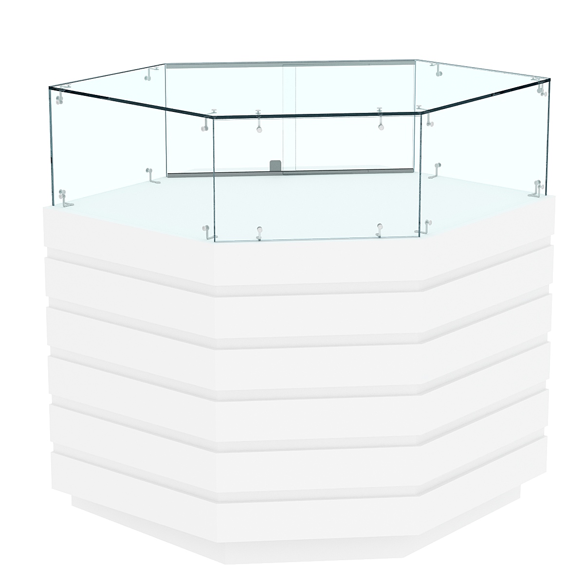 Торговый прилавок угловой с низкой витриной и фасадными панелями №14Э-14 Белый